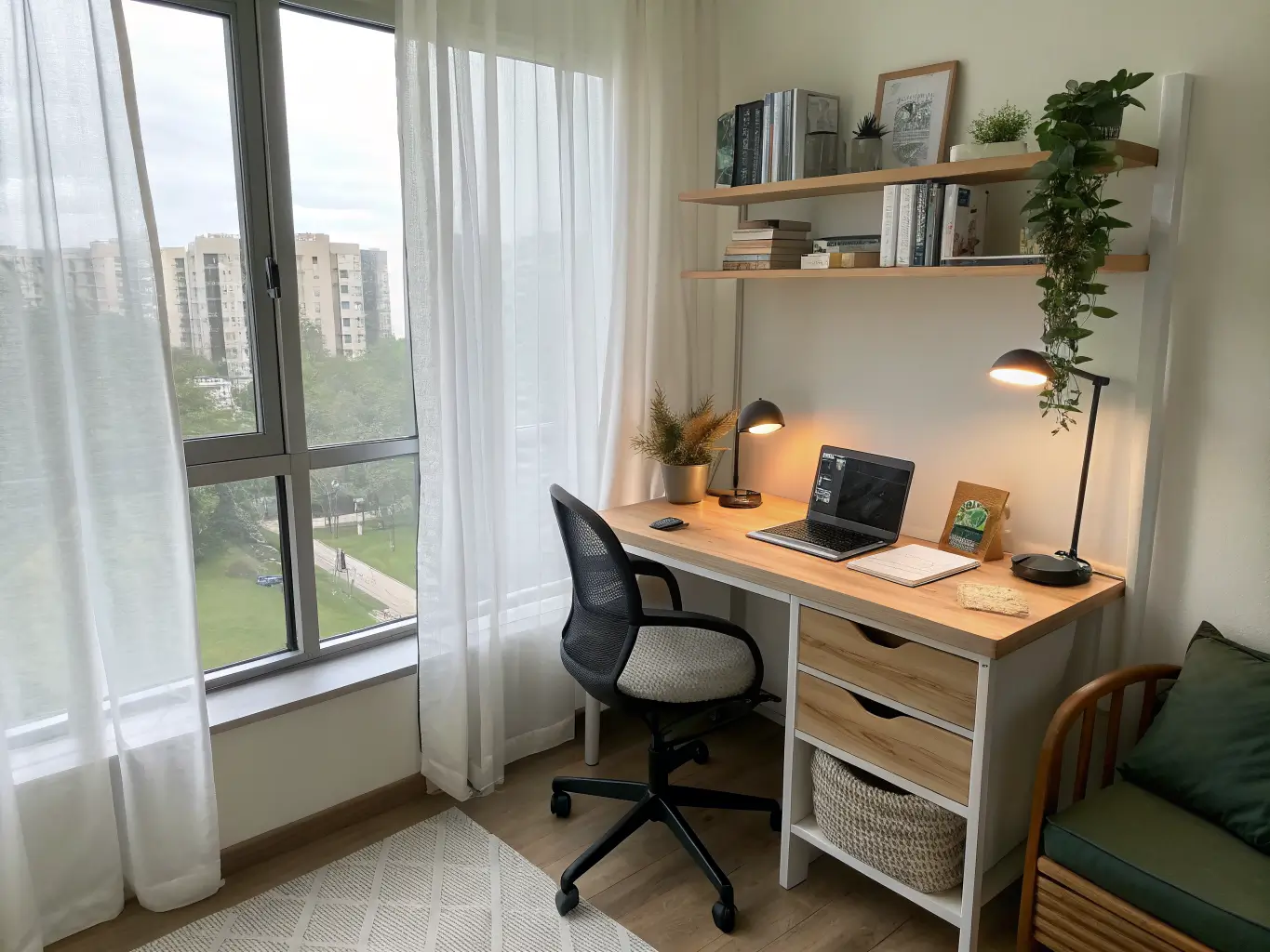 Compact dorm study corner by a window with a light wood desk, black ergonomic chair, warm LED lamp, closed laptop, notebook, pothos plant, and floating shelves in soft morning light.