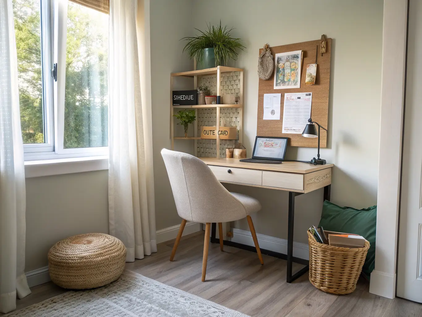 Golden-hour study nook with fold-down birch desk, cream ergonomic chair, black-framed corkboard, and jute basket in a calm shared bedroom.