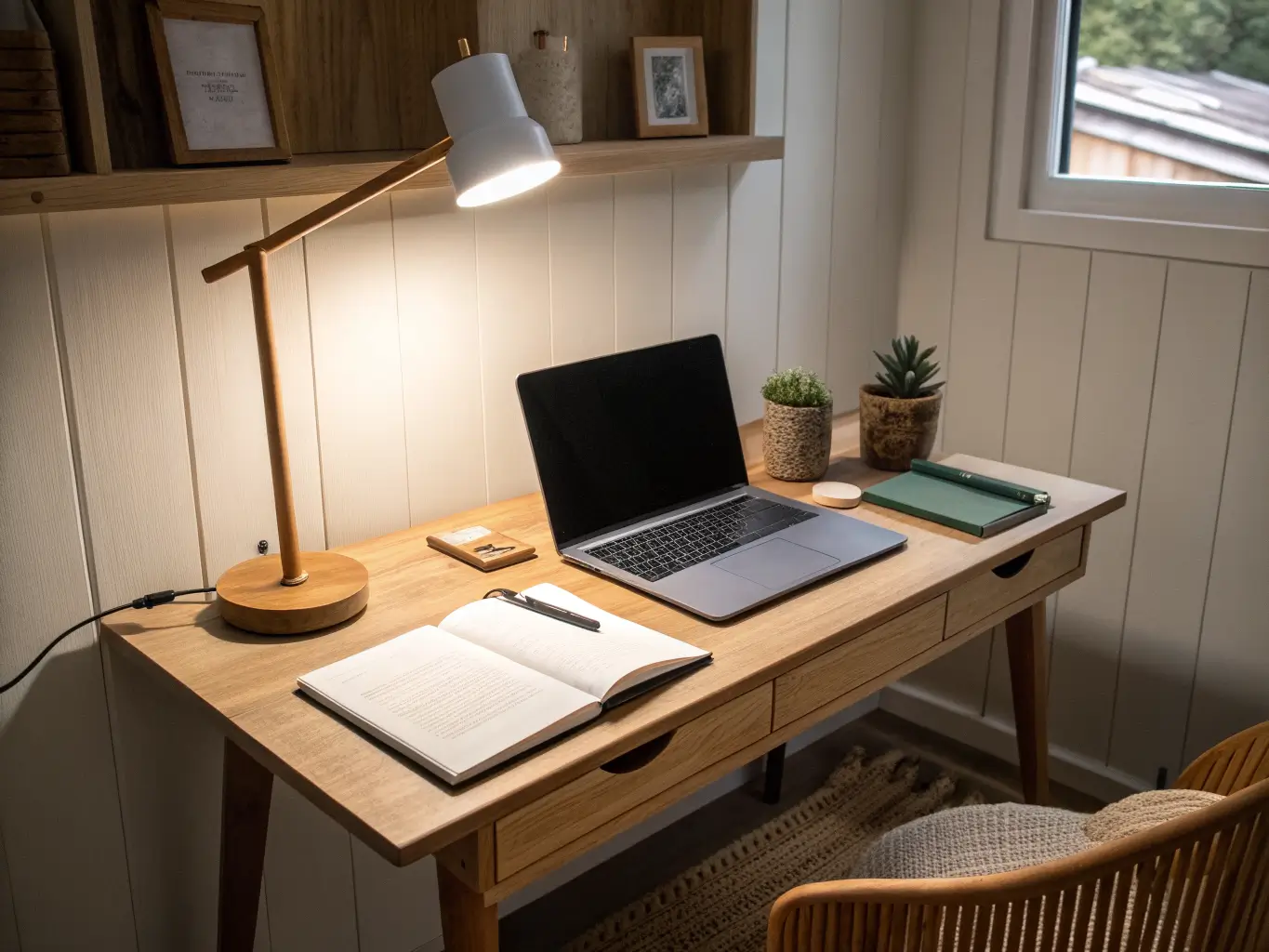 Minimalist study desk with laptop, open notebook, pen holder, warm LED lamp, and small succulent on light oak desk in early-evening light.