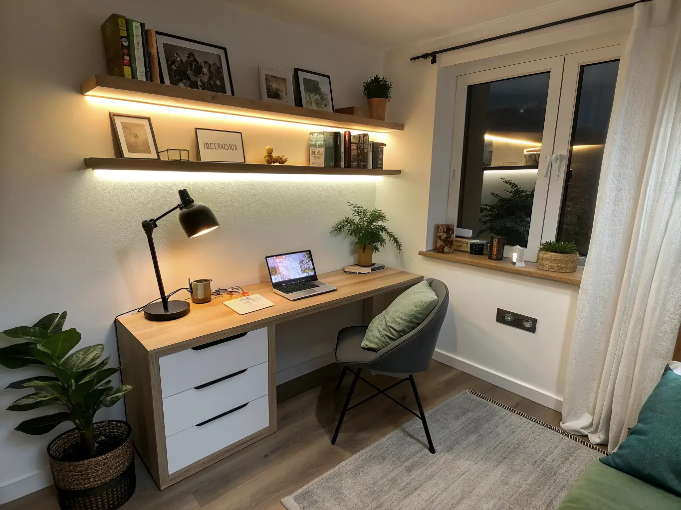 Wide-angle dusk view of a cozy bedroom study corner with a light wood desk, laptop and notebook, warm LED strip under floating shelves, black chair with sage cushion, and moody blue-hour lighting.