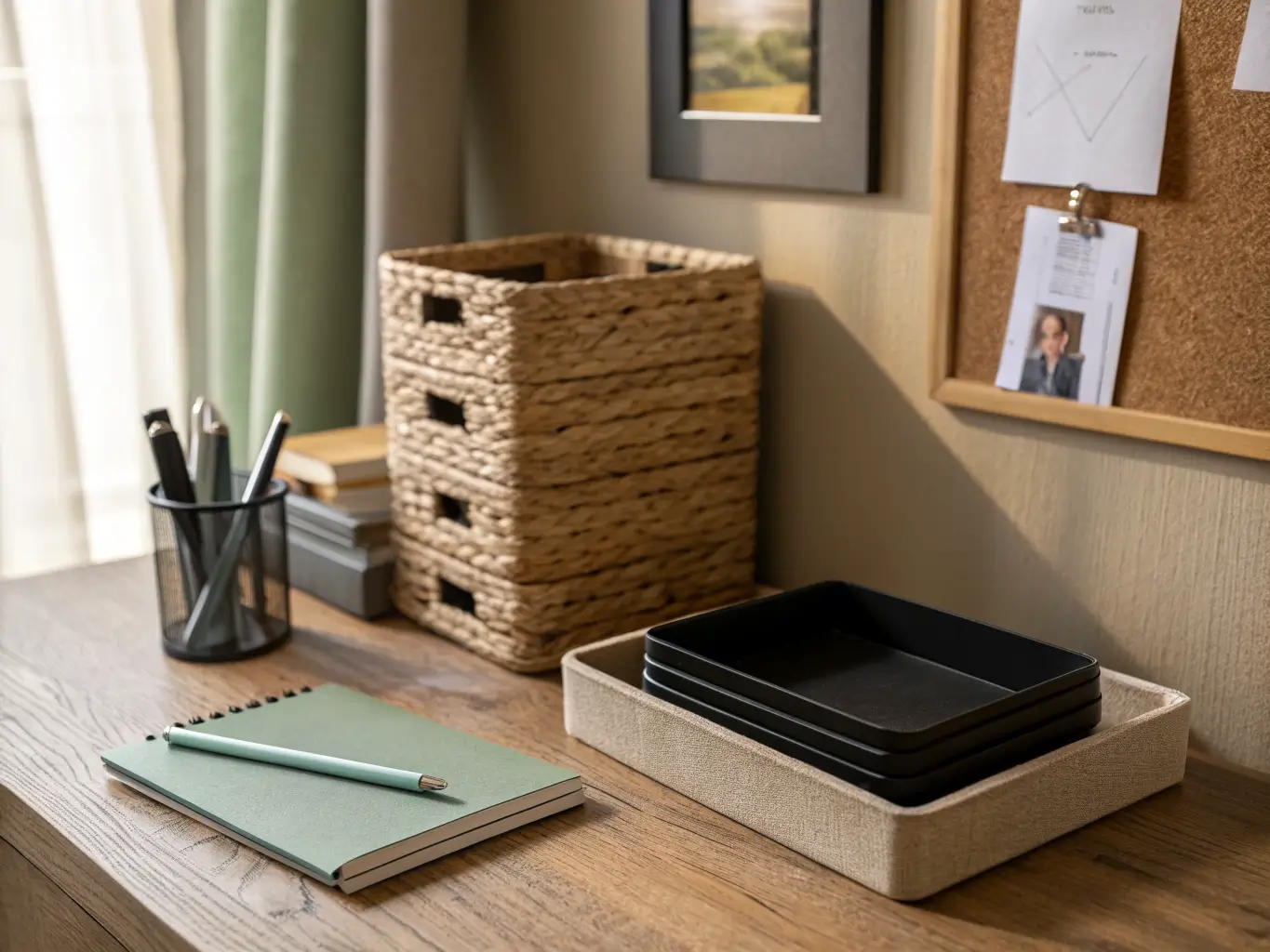 Close-up of an organized desk corner with woven bin, black trays, cork board photo, and folders in warm afternoon light.