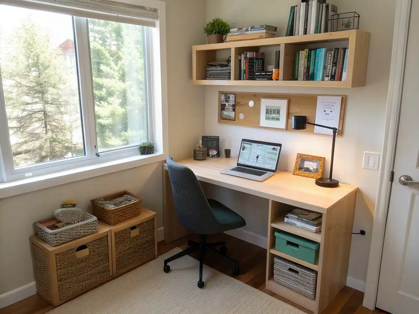Wide-angle view of a compact alcove study nook with a pale wood desk, floating shelves, black ergonomic chair with sage cushion, labeled woven baskets, cork pinboard, jute rug, and pothos by a sunlit window.