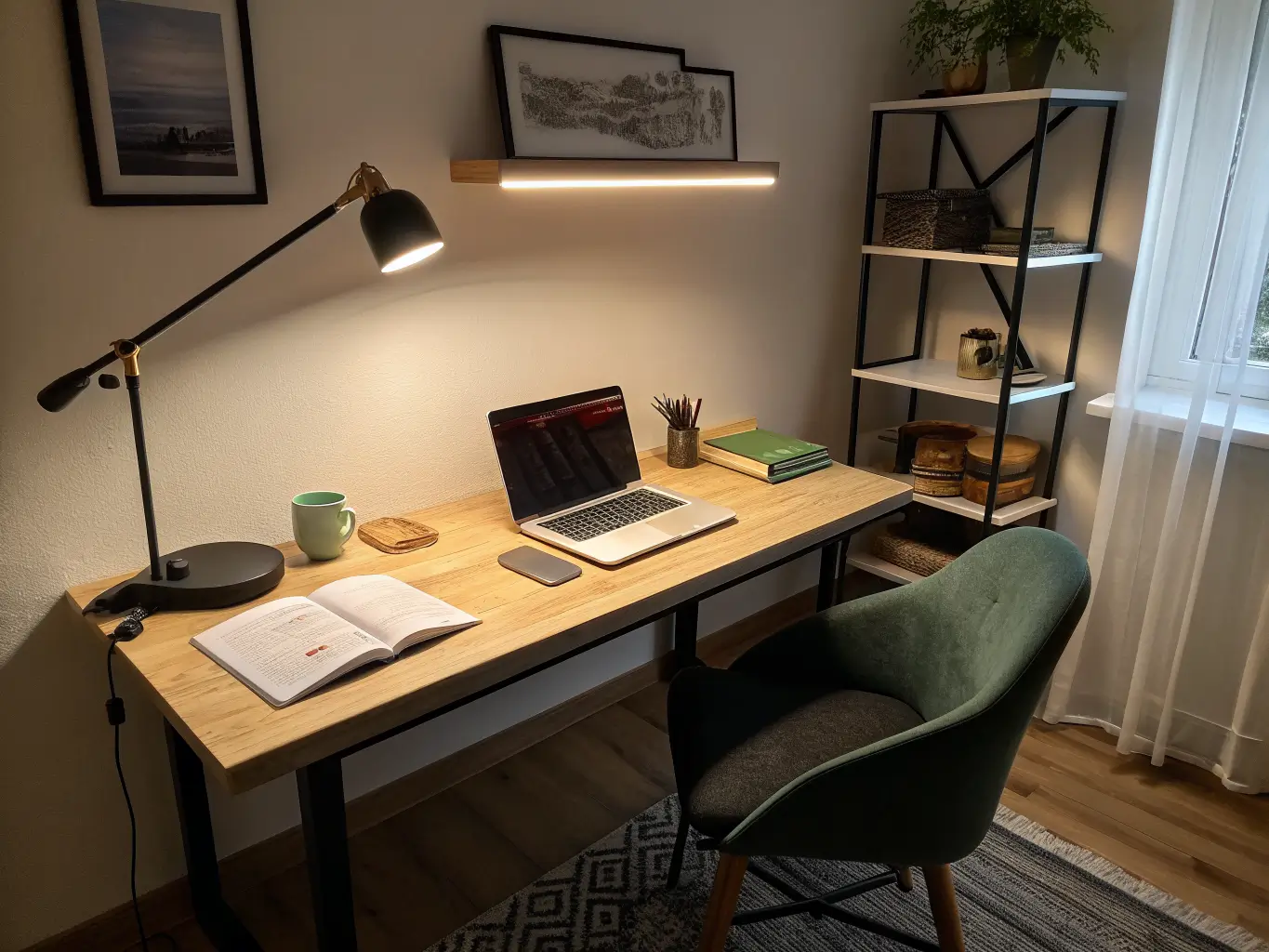 Moody evening study desk with layered lighting: ambient ceiling glow, warm task lamp on a laptop and open notebook, and LED strip under a floating shelf.