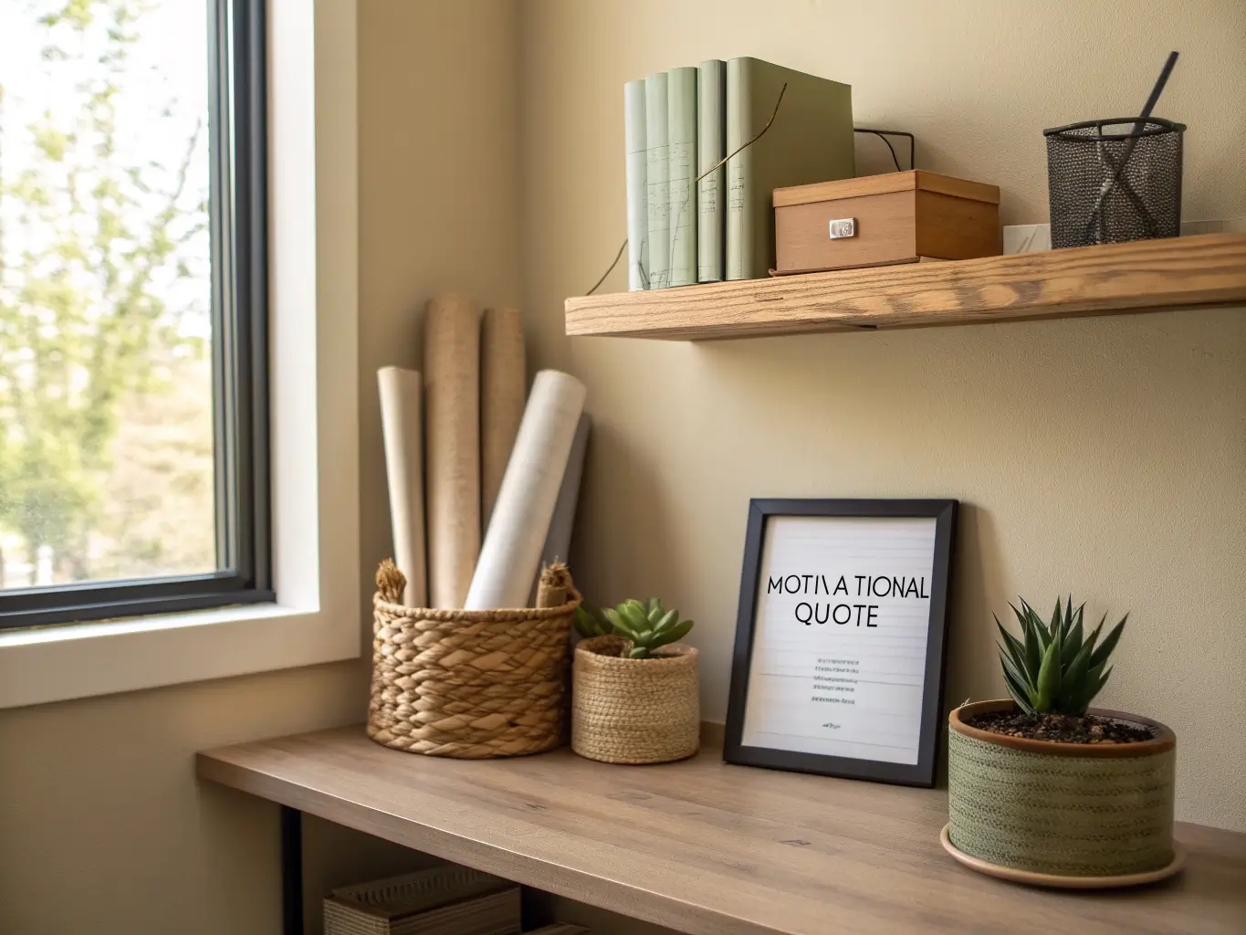 Floating shelf and corkboard above a study desk with books, basket of rolled papers, framed quote, and a sage-green succulent pot in warm natural light.