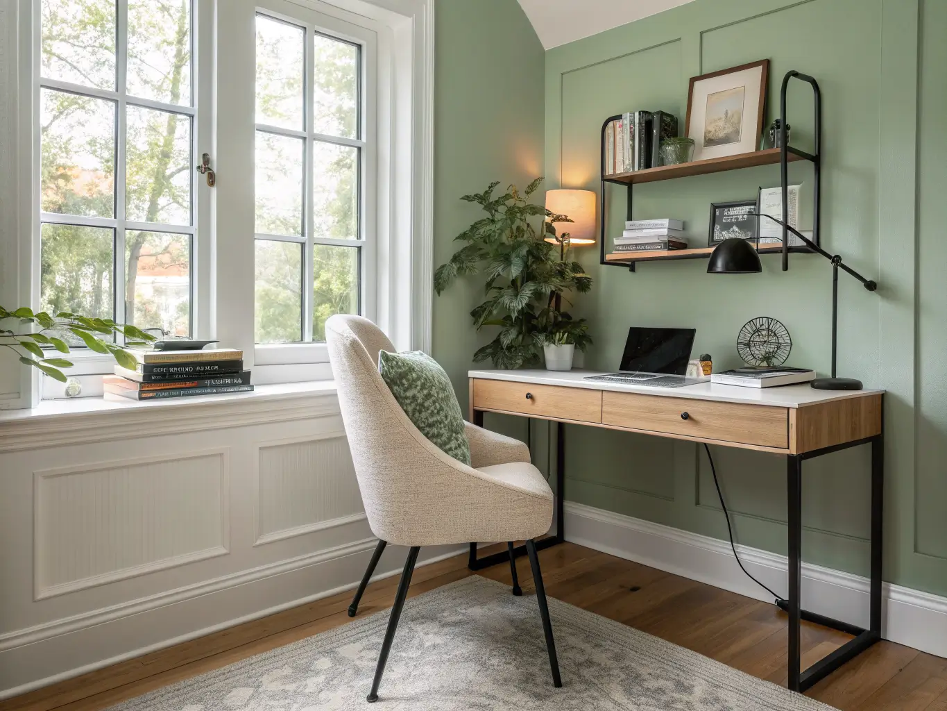 Serene hallway alcove study nook with light oak floating desk, cream boucle chair, sage accent wall, open shelf with books and trailing plant, and black task lamp in diffused morning light.