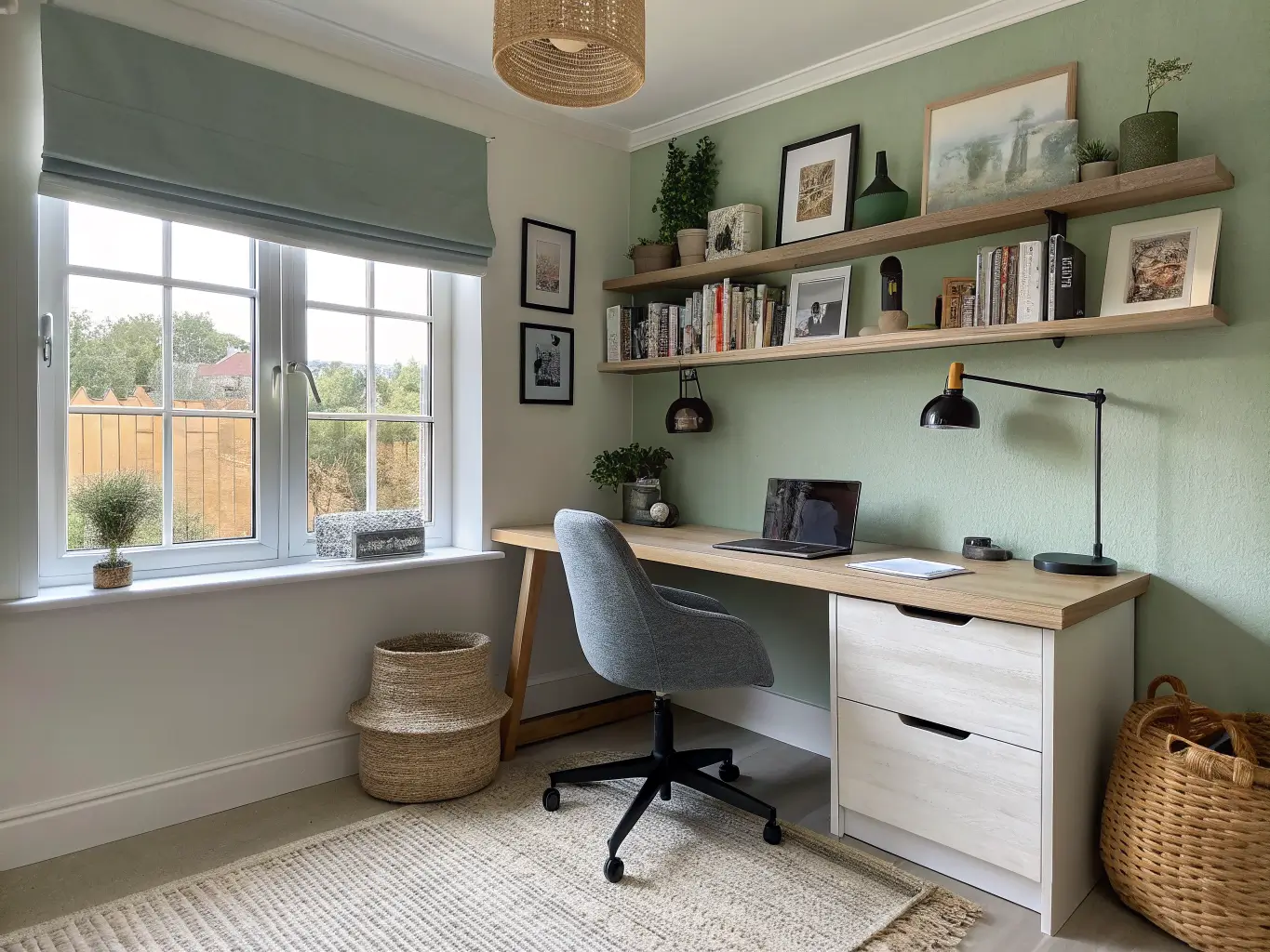 Wide-angle view of a minimalist spare-bedroom study with an L-shaped oak desk, mesh chair, sage accent wall, floating shelves, and jute rug in warm afternoon light.