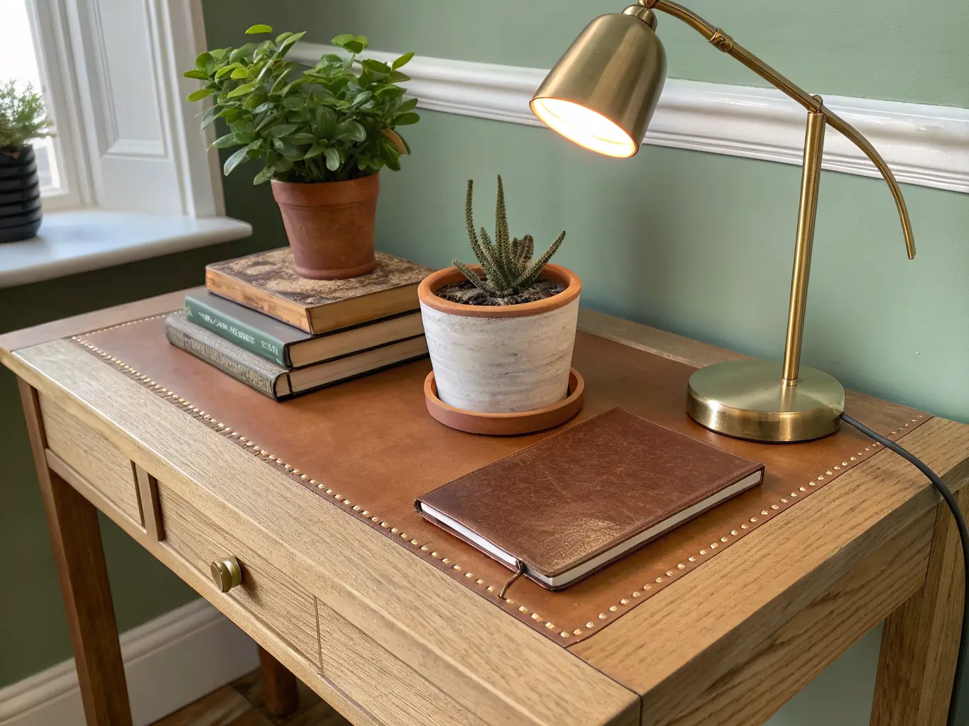 Close-up of a light oak desk corner with a ceramic plant pot, cognac leather pad, warm brass task lamp, and three stacked hardcover books against a blurred sage green wall.