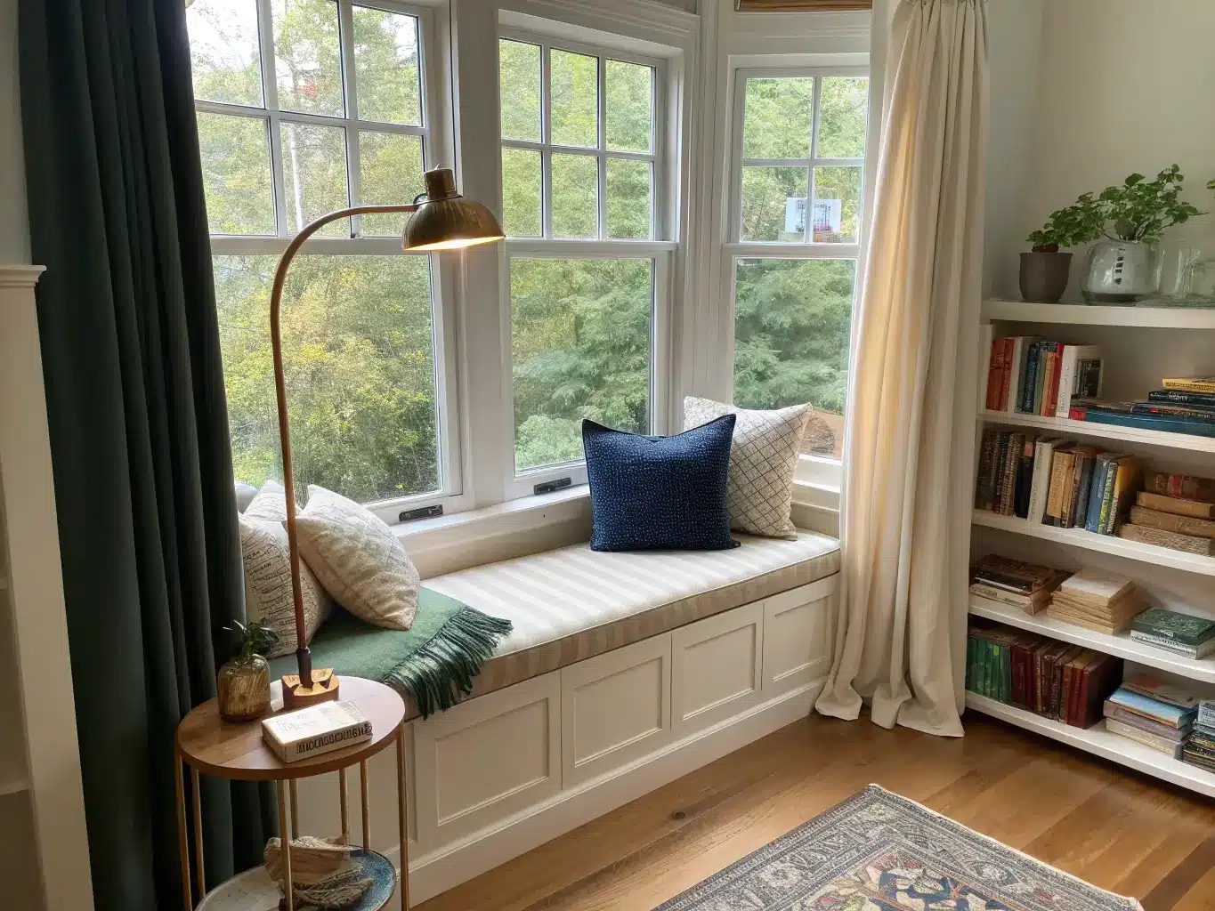Photorealistic bay window reading nook with oatmeal linen bench, navy and cream pillows, green wool throw, brass floor lamp, books and vase shelf, sheer curtains, and jute rug in warm morning light.