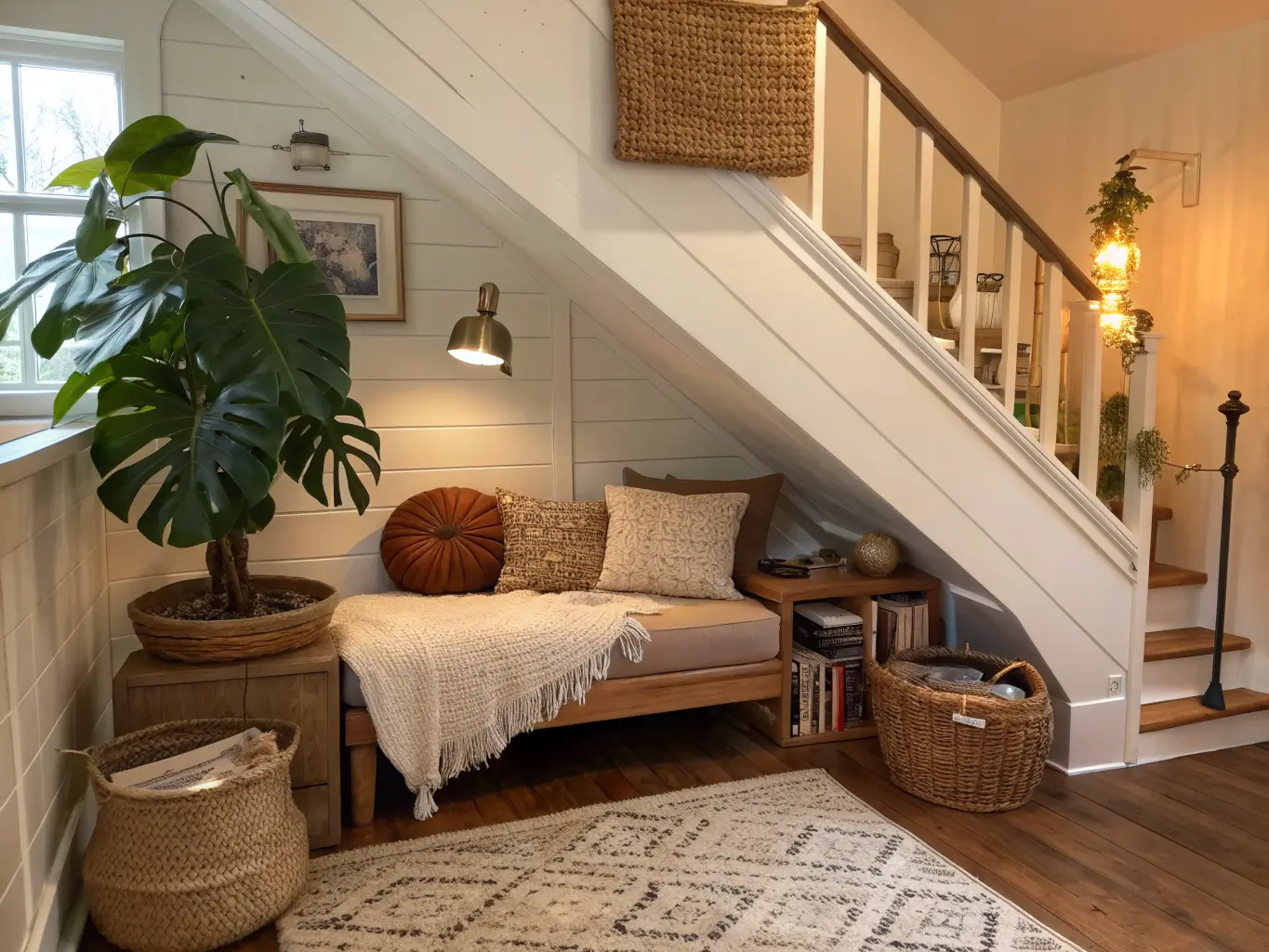 Boho reading nook under a staircase with a sloped ceiling, tan bouclé daybed, rattan basket, oversized fiddle-leaf plant, brass task lamp, and open book in warm late-afternoon light.