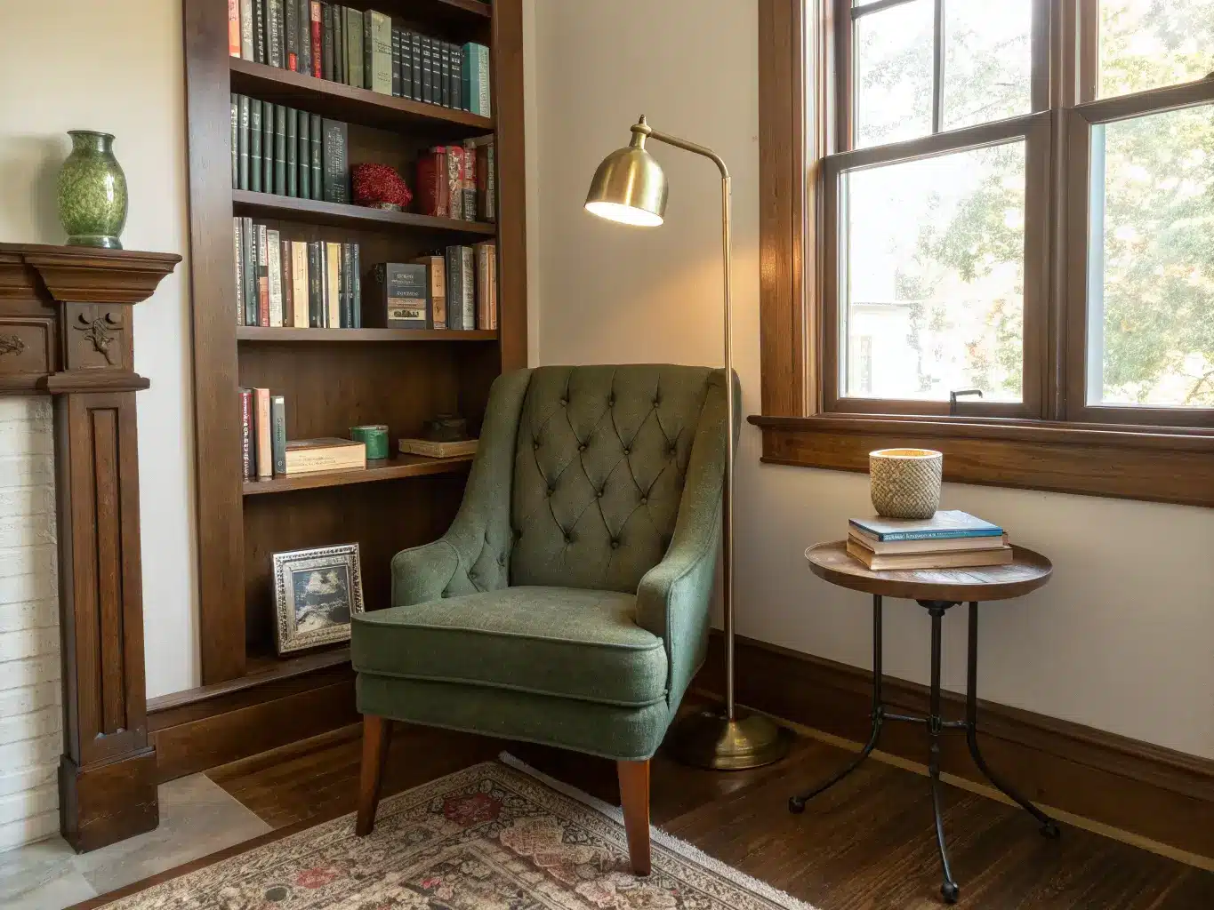 Library-inspired reading nook with floating shelf of books, brass sconce, forest-green tufted armchair, side table, and cream rug in warm afternoon light.