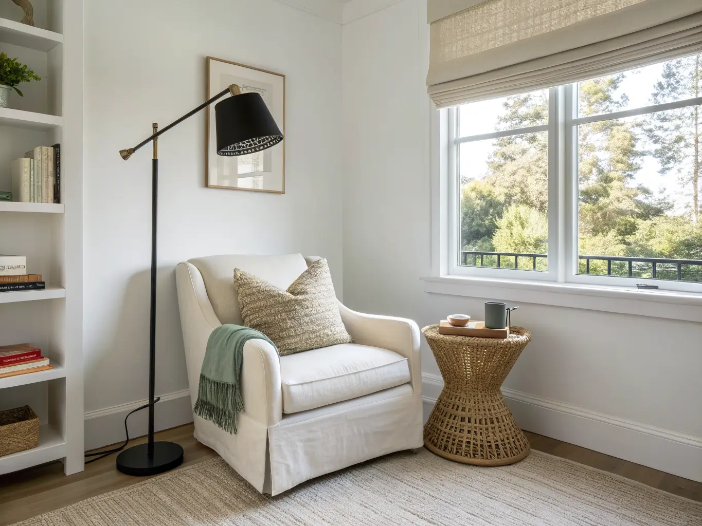 Minimalist sunlit guest bedroom reading nook with a cream bouclé chair, black floor lamp, rattan side table with a ceramic cup, and sage pillow against a White Dove wall.