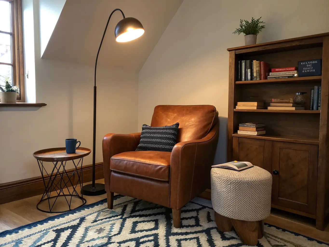 Cozy home office reading nook with a warm 3000K pharmacy floor lamp beside a tan leather-and-linen armchair, bookshelf with books and plant, walnut side table with mug and glasses, and a cream-and-navy diamond wool rug.