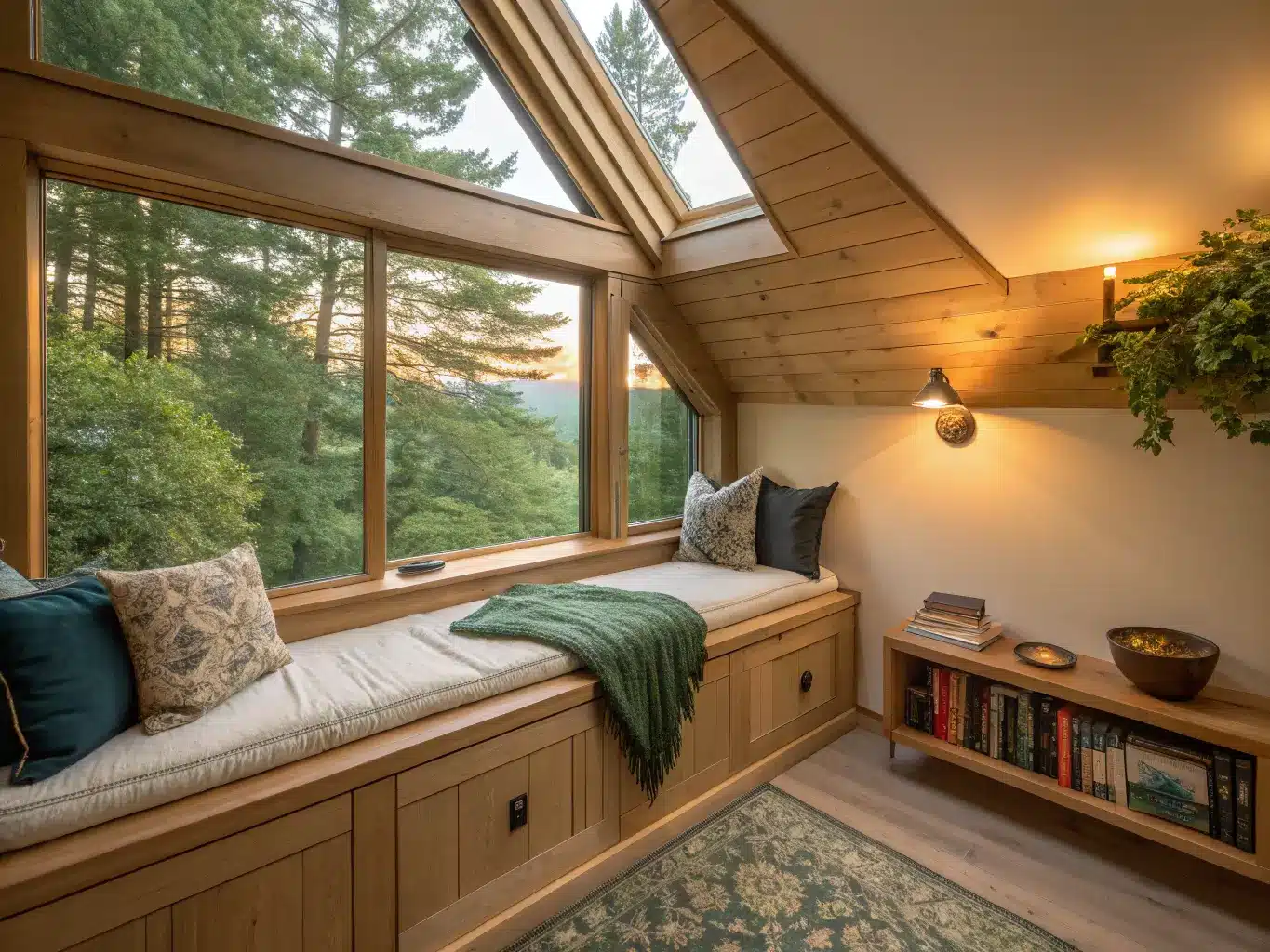 Attic bedroom window-seat nook at golden hour with linen-cushioned built-in bench, green and navy pillows, draped sherpa throw, brass wall sconce, and small shelf of books overlooking greenery.