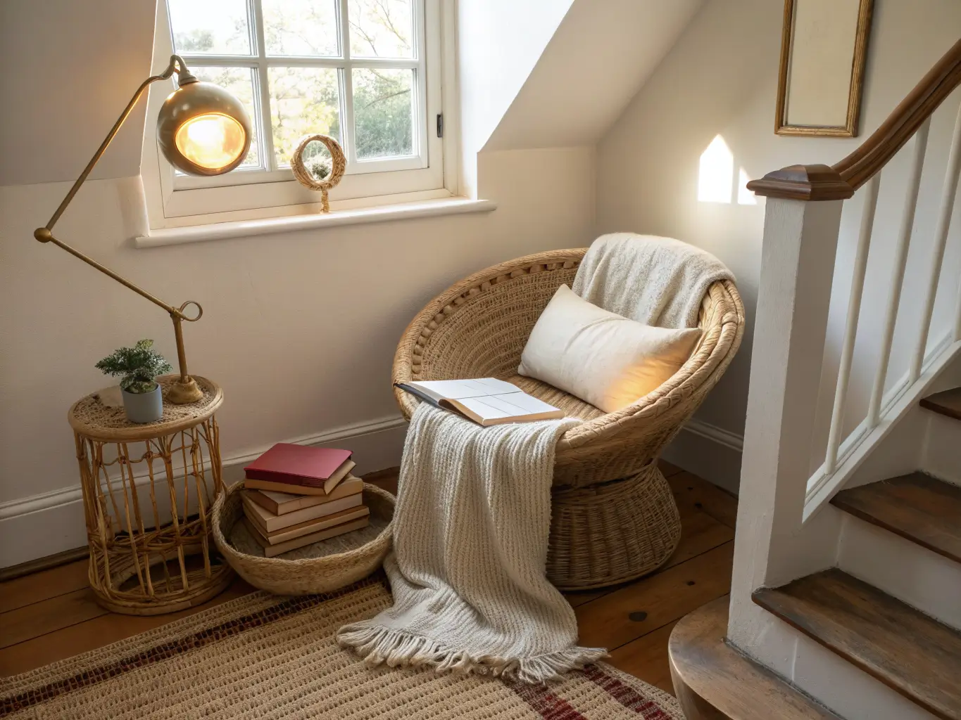 Sunlit boho reading nook on a narrow stair landing with a rattan chair, cream cushion, woven basket, brass wall lamp, small wood side table with books and candle, and a jute-wool rug under warm midday light.