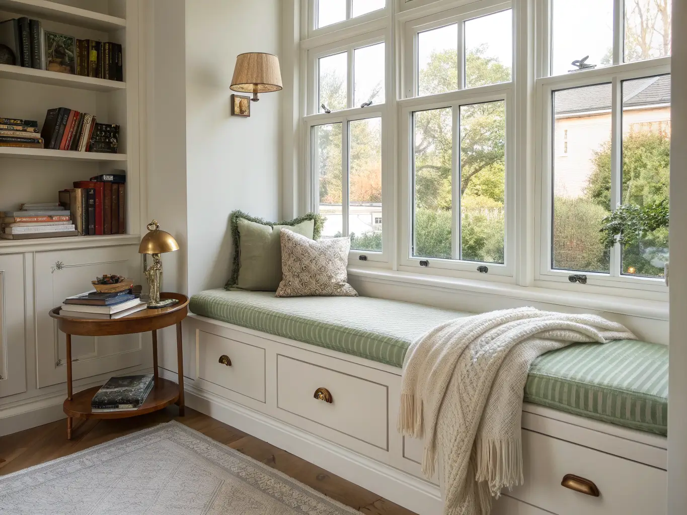 Cream bouclé window-seat study bench with sage piping and storage drawers in a deep bay window, beside a book stack and brass reading lamp in soft daylight.