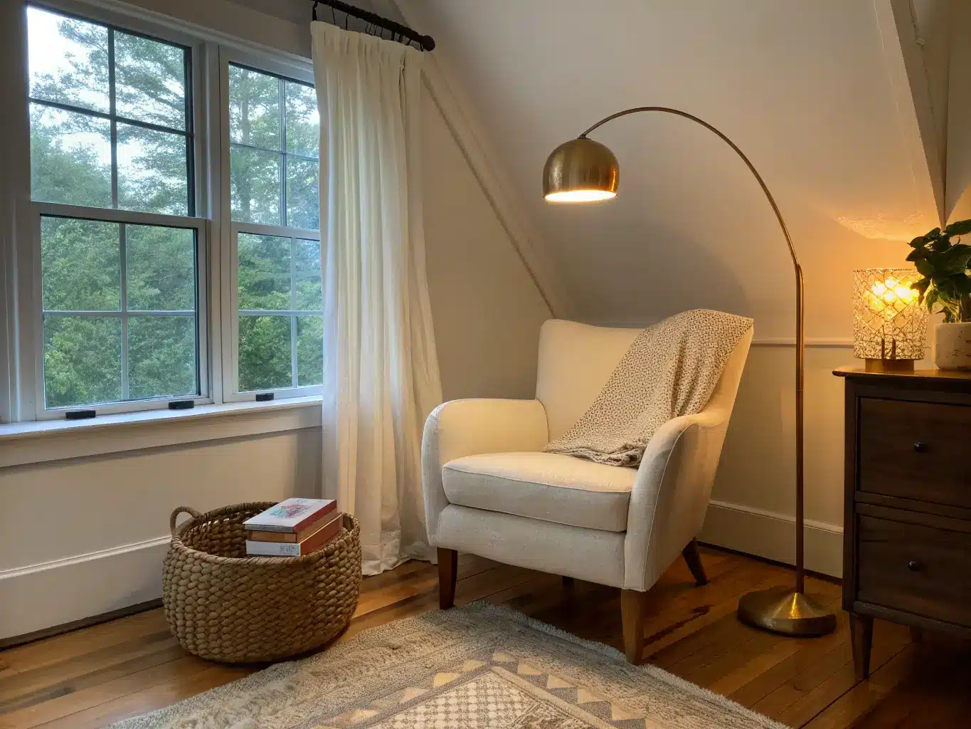 Cozy golden-hour bedroom reading nook with cream bouclé armchair by a tall window, brass arc lamp, jute rug, and side table with books and a mug.