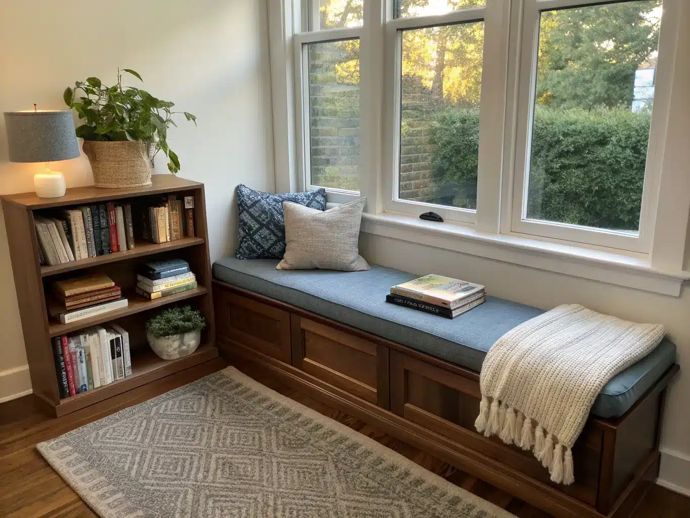 Bedroom alcove window-bay reading bench with dusty blue cushion, charcoal and cream pillows, knit throw, walnut shelf with books and eucalyptus, and morning light over a sisal runner.