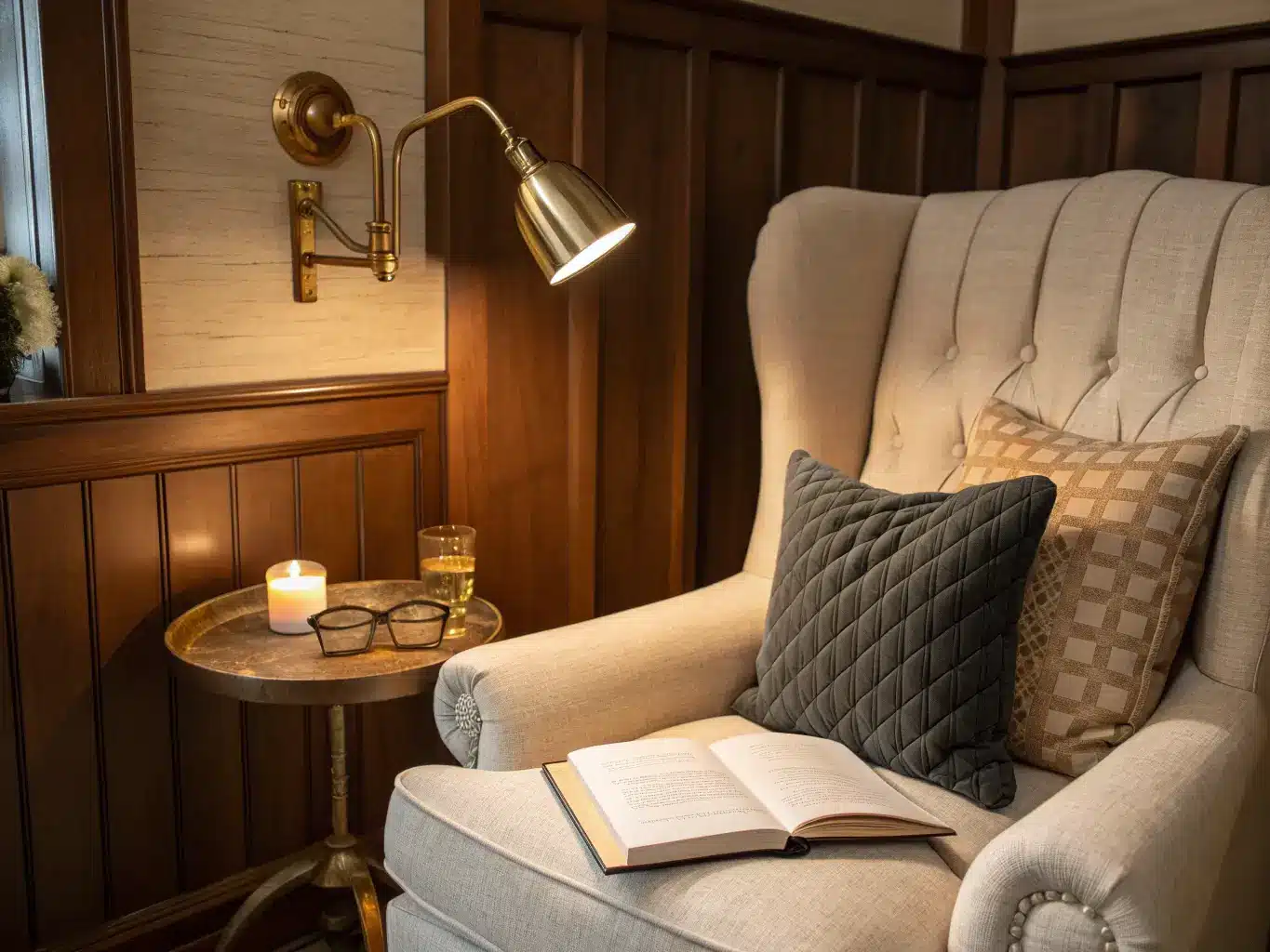 Close-up of a brass swing-arm wall sconce glowing warmly beside a cream wingback chair with an open book, charcoal pillow, glasses and a lit taper candle on a side table against a taupe wood-paneled wall.