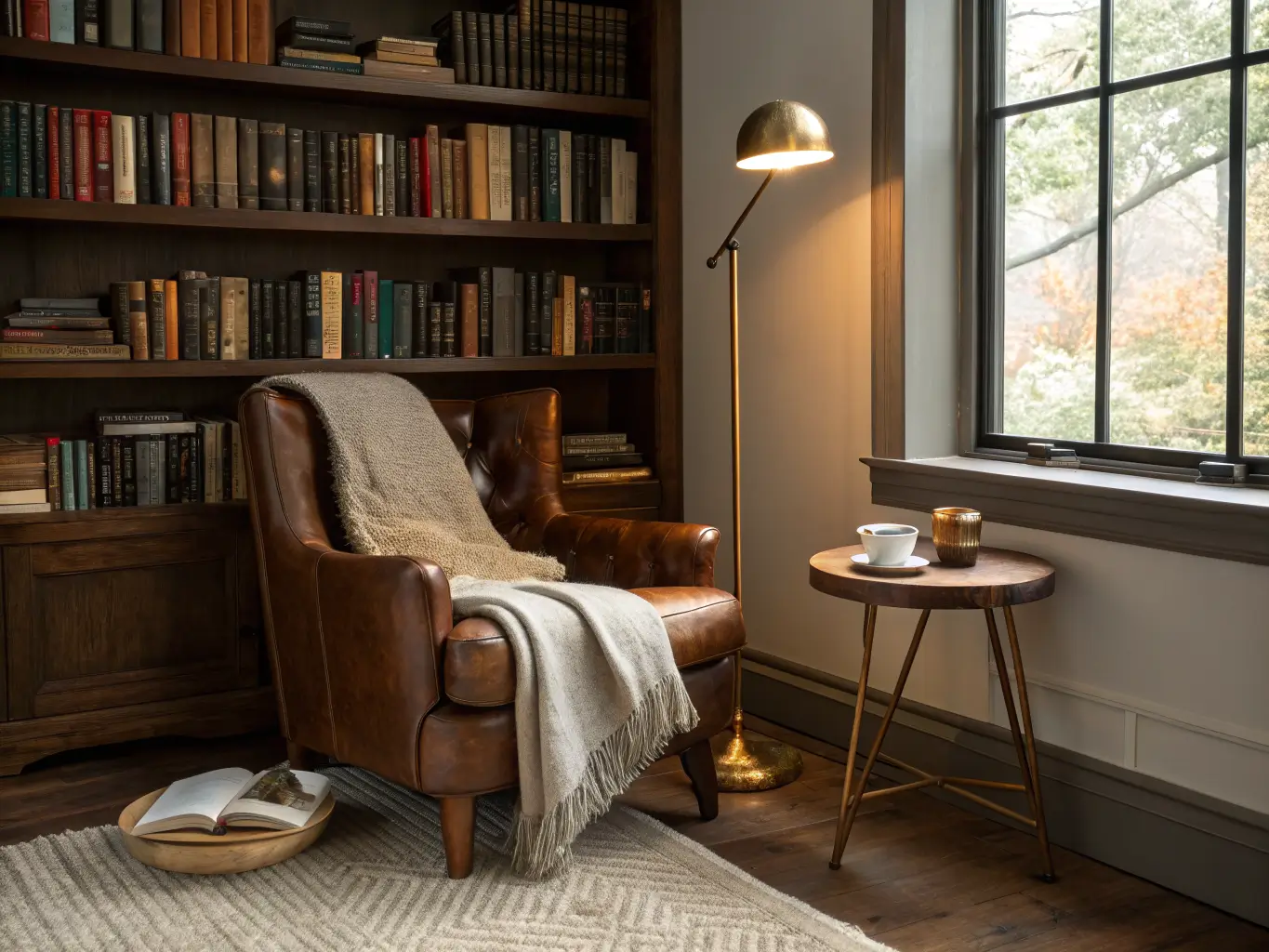 Library-inspired reading nook with walnut floating bookshelf, brass lamp, cream bouclé armchair with charcoal throw, and jute rug with stool holding a mug and glasses in warm afternoon light.