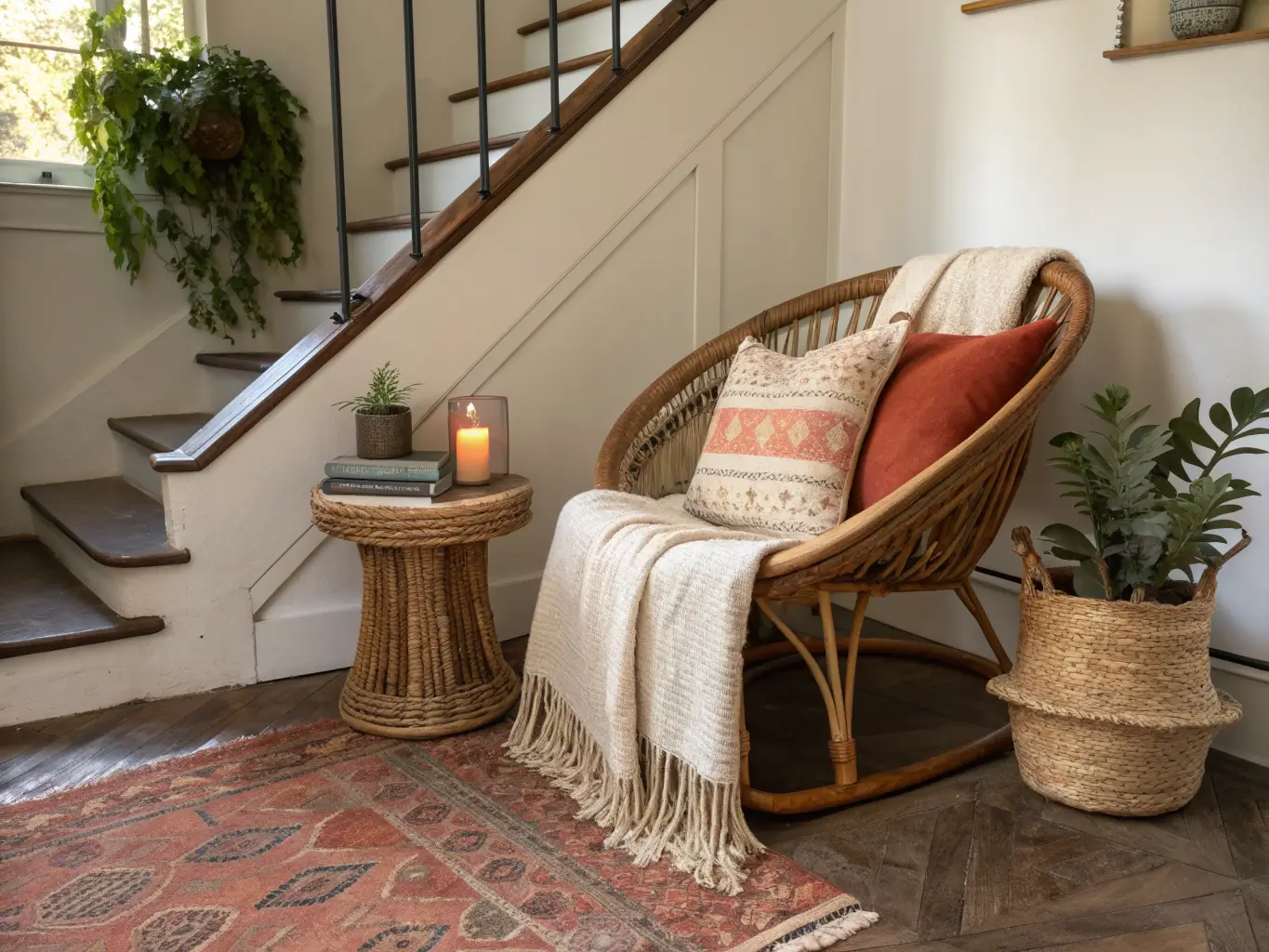 Boho reading nook under a staircase with rattan chair, cream fringe throw, terracotta pillow, layered sage and rust rugs, brass side table with candle and open book, and a trailing fern in soft daylight.