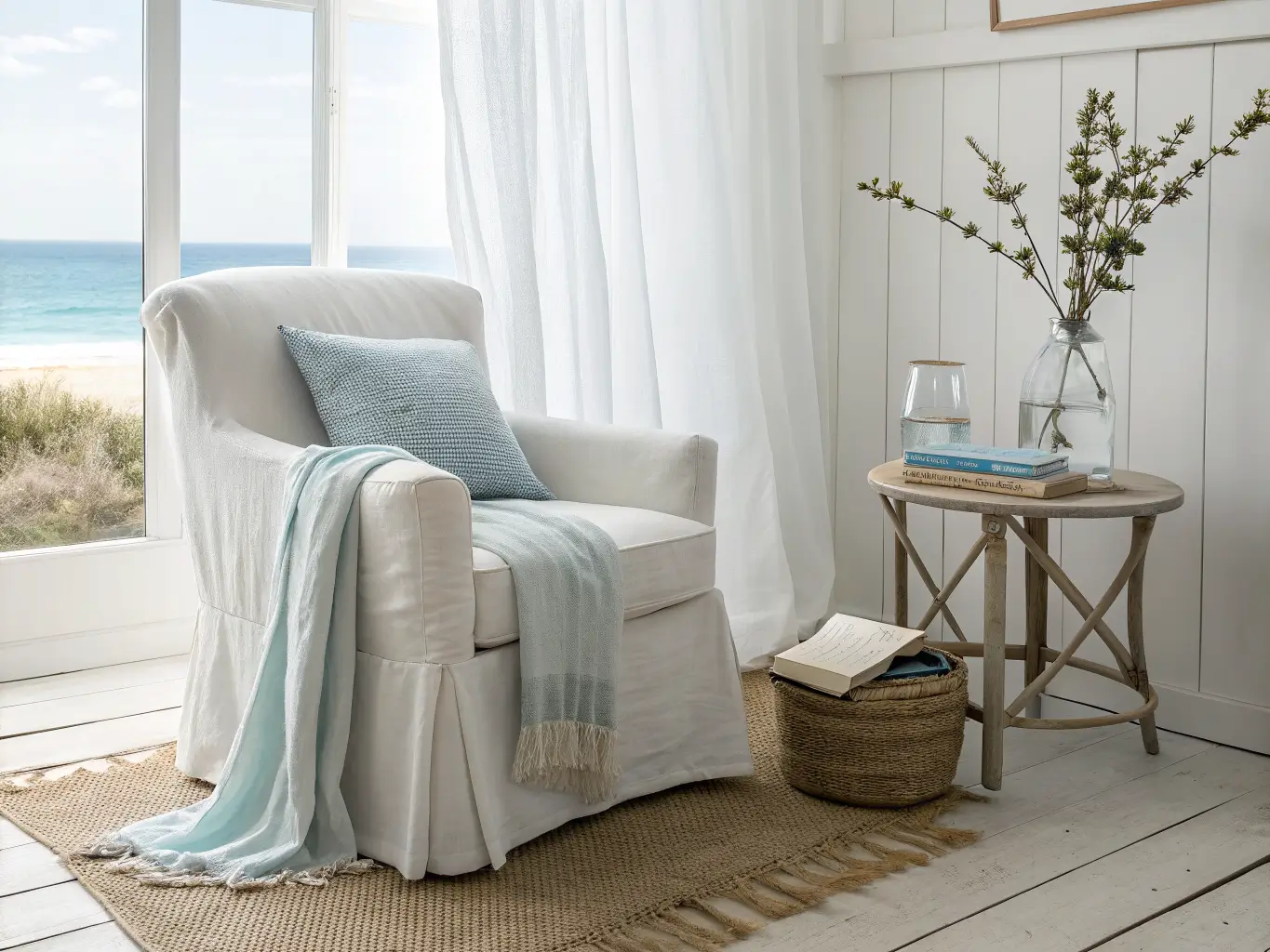Coastal bedroom reading nook with white linen armchair, blue pillow, cream throw, oak side table with books and water, jute rug, and eucalyptus in bright midday light.