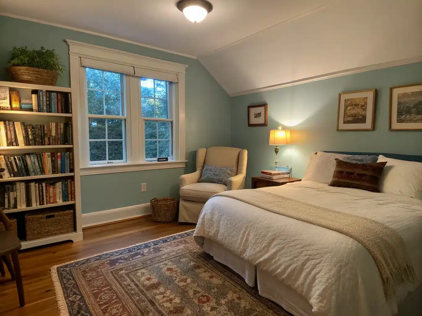 Wide-angle view from the doorway of a sage-walled bedroom at dusk with a cream linen bed, a reading nook with deep cream armchair, brass arc lamp, jute rug, walnut side table, and a cube bookshelf of neatly arranged books lit by warm lamps and cool window light.