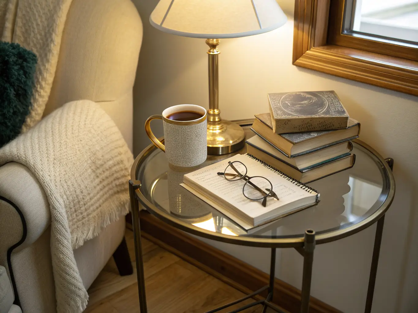 Close-up of a brass-and-glass side table beside a reading chair, lit by warm lamp light, with a ceramic mug, reading glasses, and stacked hardcover books with a brass bookmark.