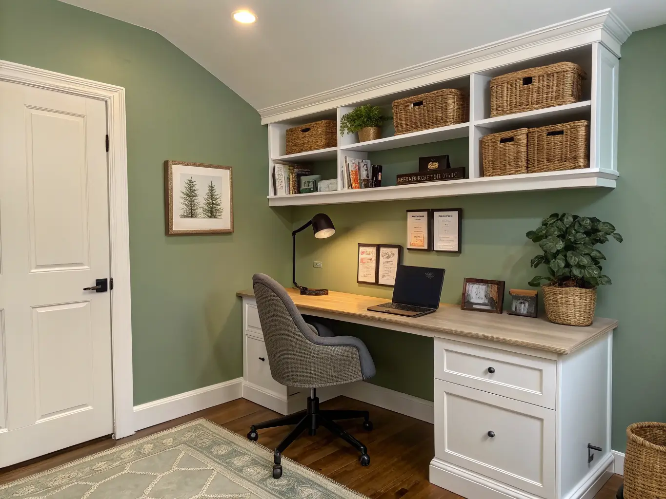 Wall-mounted floating desk in a narrow sage green home office with bolted shelves, labeled baskets, cream cabinets, charcoal mesh chair, mixed lamp lighting, and light oak floor with jute rug.