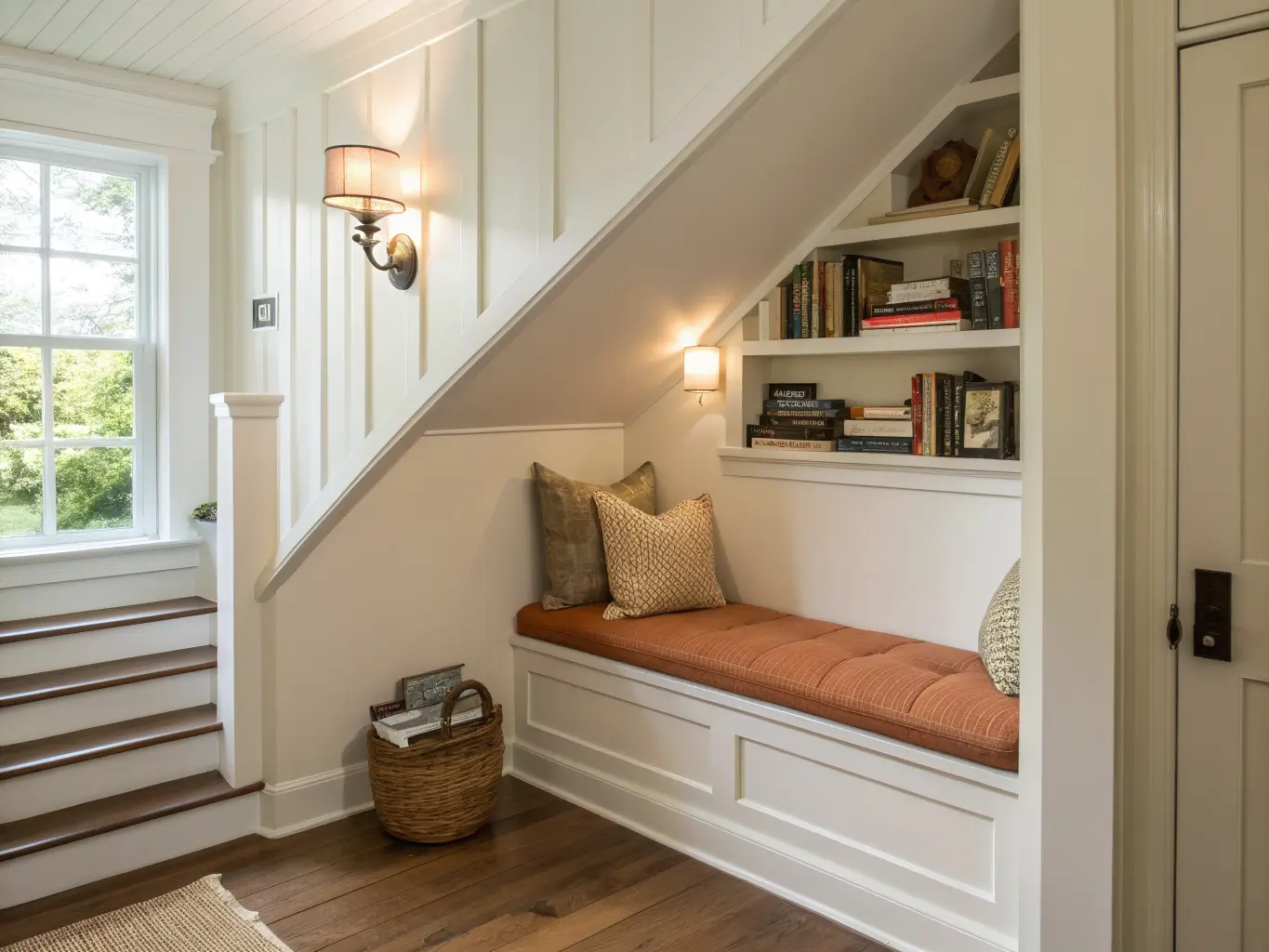 Photorealistic under-stair reading nook with sloped ceiling, sage walls, oatmeal bench with rust throw, floating shelf with books, warm sconce light, and jute rug.