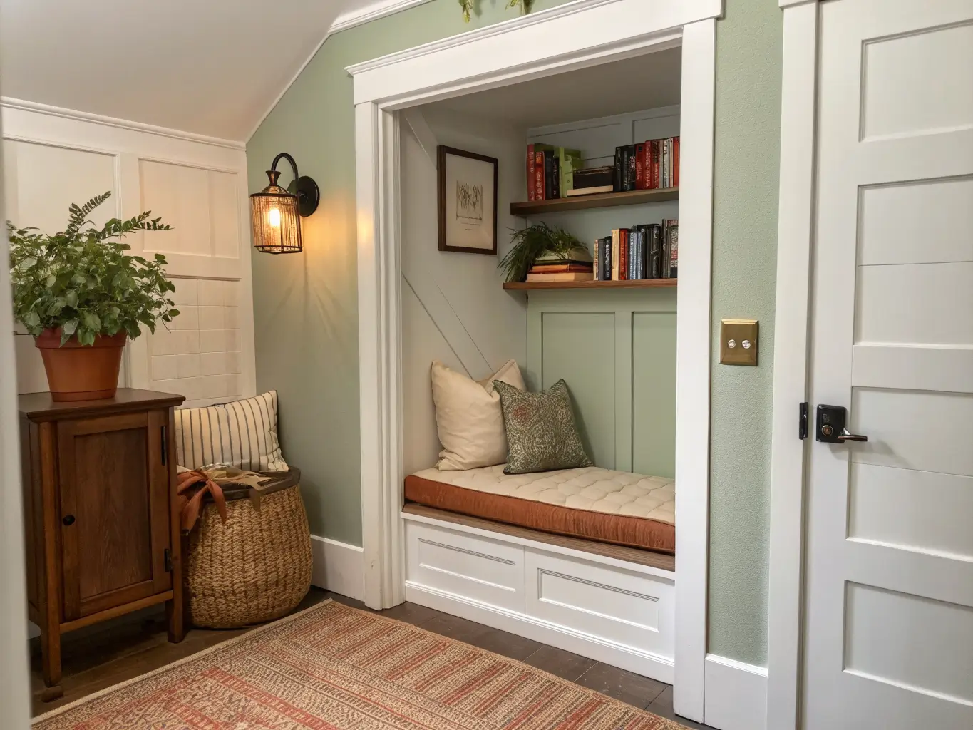 Closet converted into a cozy reading nook with sage walls, wood bench with cream cushion and rust pillow, brass sconce, small shelf with books and trailing plant, and a jute rug, viewed straight-on from the hallway.