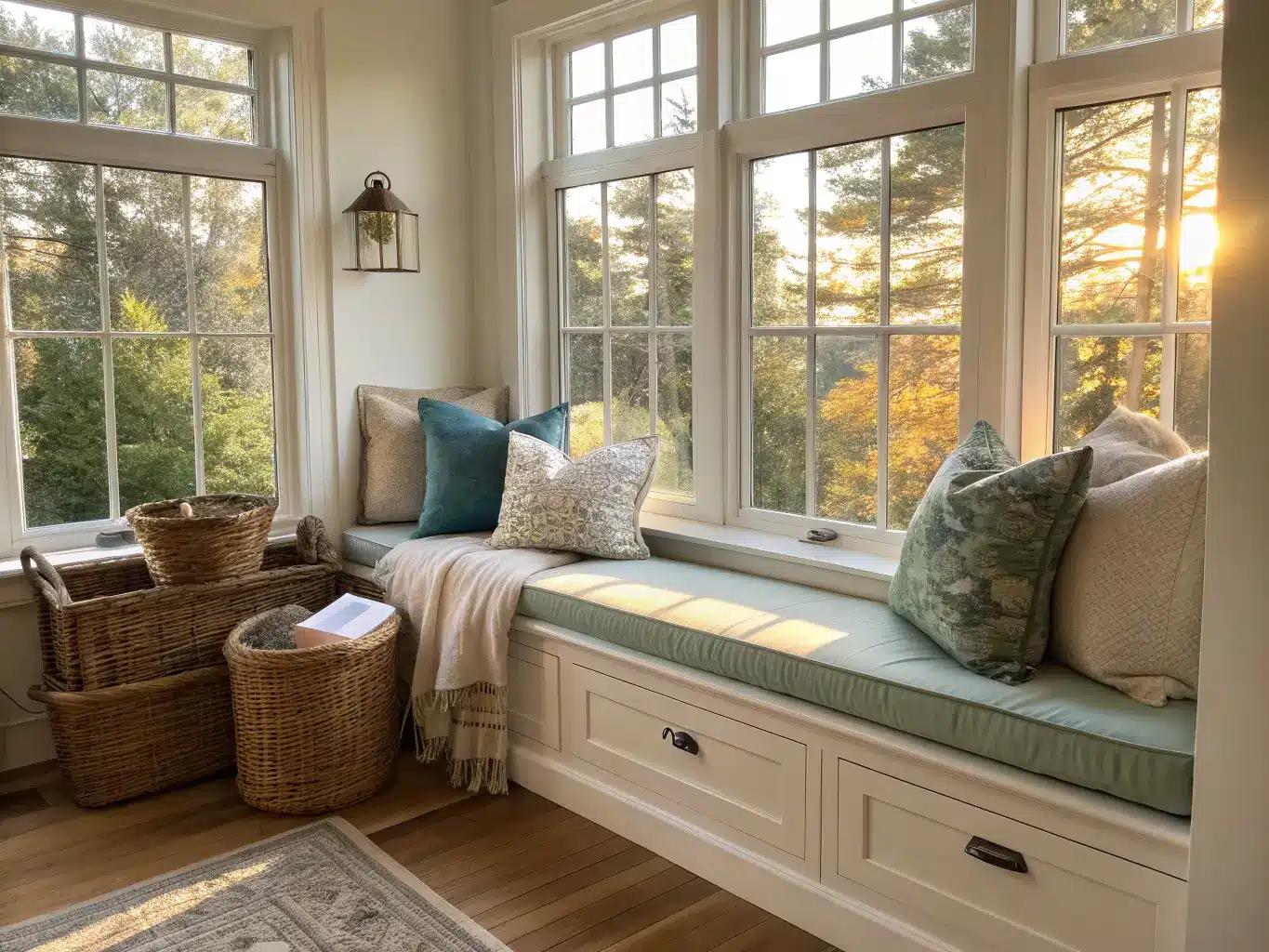 Sunlit window-seat reading nook with cream cushions, linen pillows, brass sconce, woven baskets below, and warm wood floors in a serene sunroom.