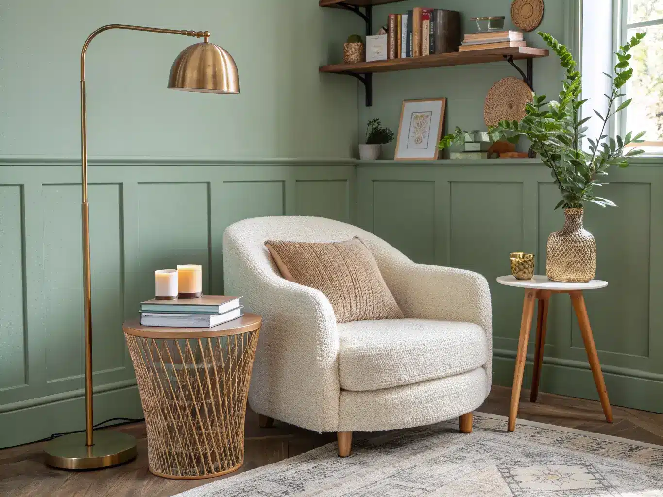 Modern cozy living room nook with cream boucle armchair, rattan side table, brass floor lamp lighting an open book, gray wool rug, and floating shelf on a sage green accent wall.
