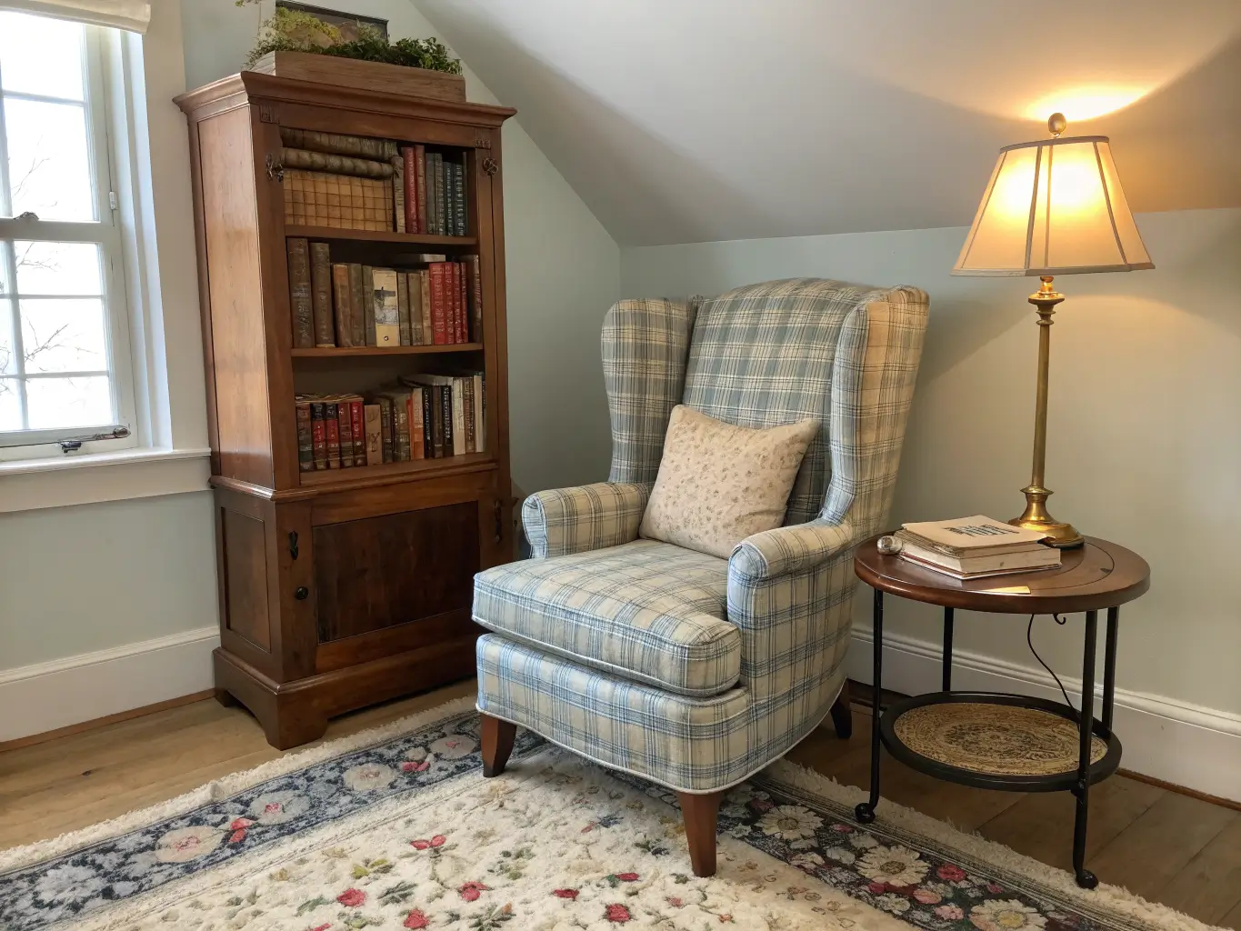 Cozy bedroom reading nook with plaid blue-and-cream wingback chair, vintage bookcase, brass lamp on side table, layered jute and floral rugs, and wool throw with oatmeal and sage pillows in warm afternoon light.