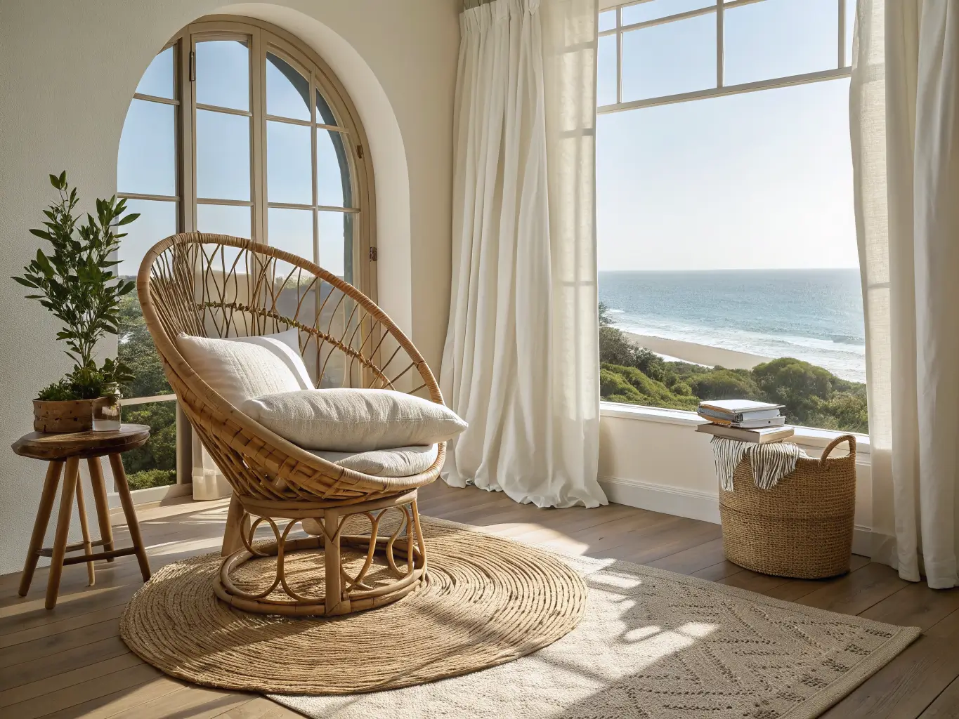 Boho-coastal reading nook with rattan papasan chair, jute rug, wood stool with books and trailing plant, and sheer curtains glowing in midday sun by an arched window.