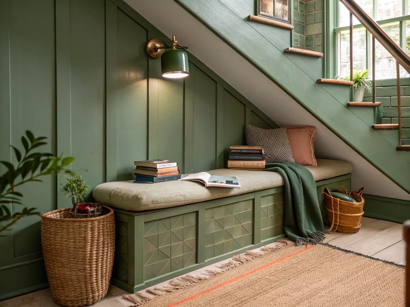 Stair-landing reading nook with cream velvet bench against sage paneled wall, brass sconce, ledge with books and trailing plant, woven basket with rust throw, and jute runner rug.