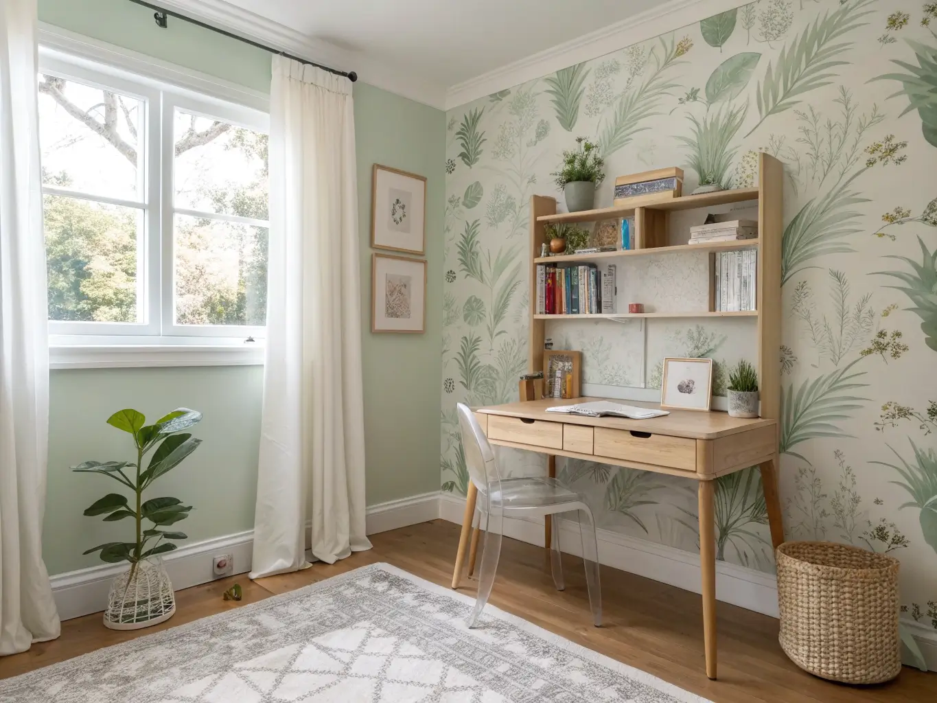 Child’s study corner in a shared bedroom with sage botanical mural, light oak desk under a window, clear chair, open shelves with books and plant, framed art, and a cream rug in soft natural light.