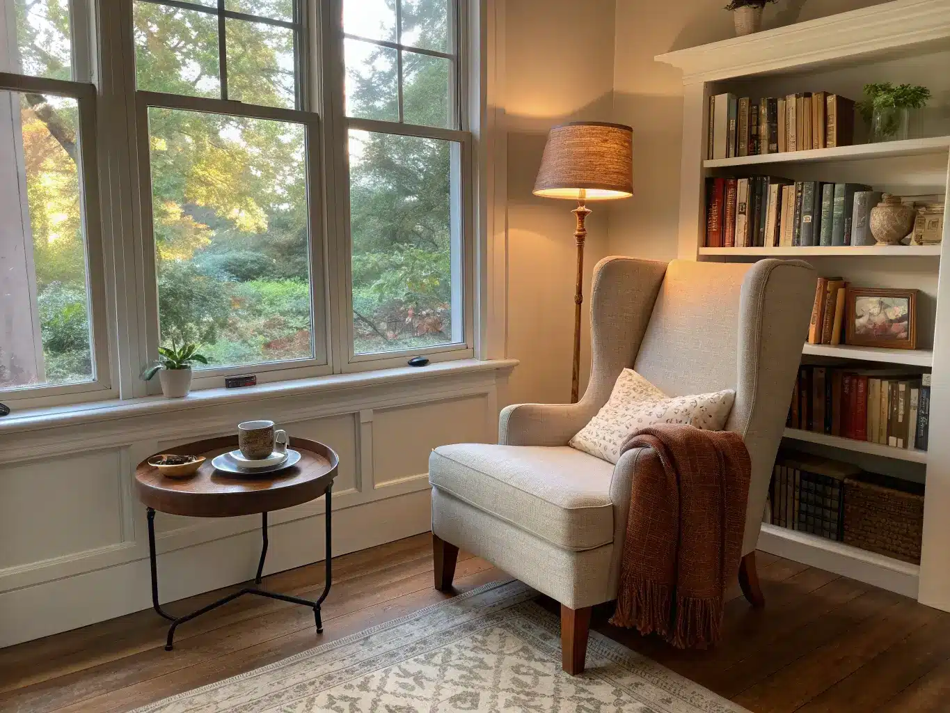 Cozy reading nook with an oatmeal linen wingback chair by a sunlit window, brass swing-arm sconce, walnut side table with mug and glasses, jute rug, and floating shelves with books and a trailing pothos.