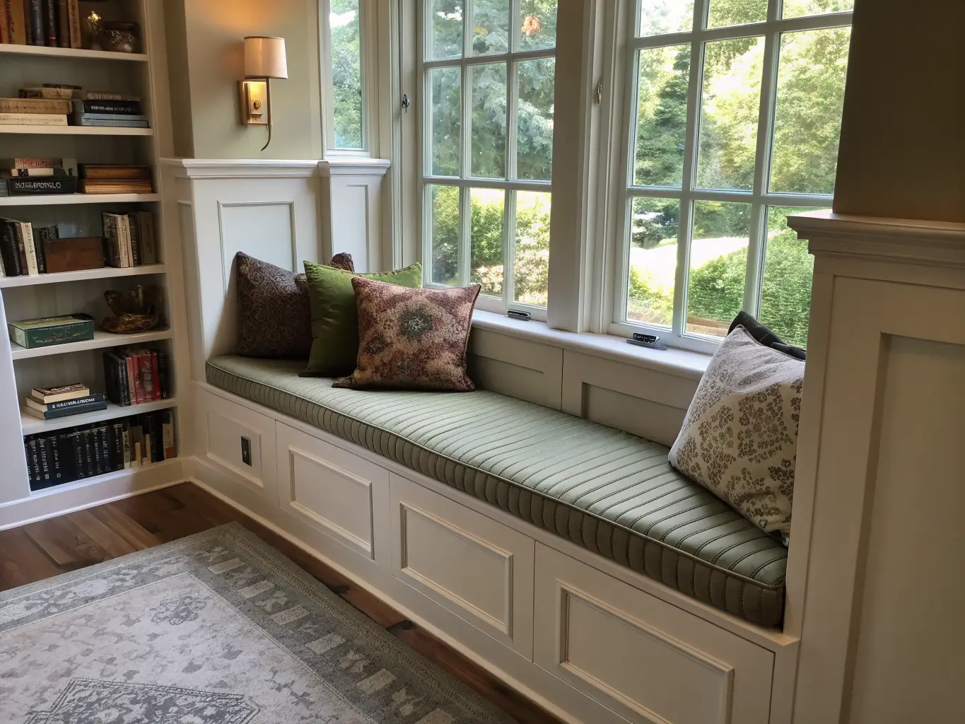Photorealistic window bench nook in a deep alcove with mushroom-toned wainscoting, sage boucle cushion, charcoal and olive lumbar pillows, walnut throw, brass sconce, hidden drawers, and books with a lit candle on the sill in soft morning light.