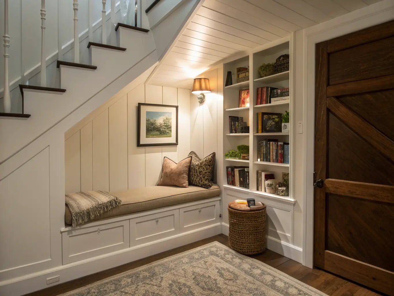 Under-stair reading nook with warm white paneling, taupe cushioned bench, walnut shelving, brass sconce glow, charcoal throw, and rattan stool holding a steaming mug.