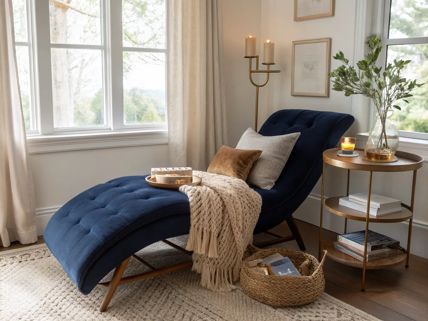 Navy velvet chaise reading corner by a sunlit window with sheer curtains, brass side table with books and candle, wool throw and neutral pillows, rattan basket, and potted olive tree.