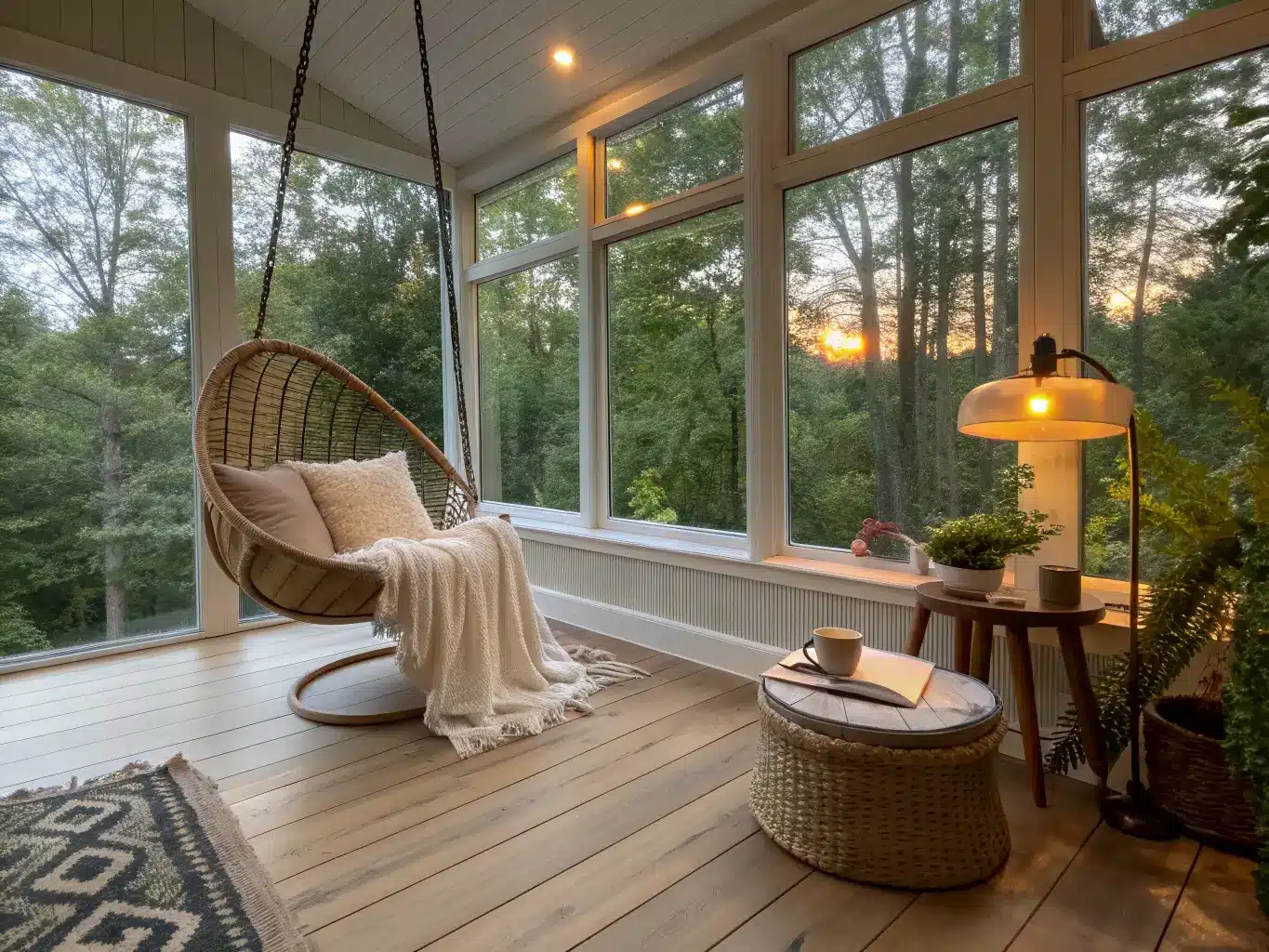 Sunroom reading nook at dusk with rattan hanging chair, jute rug, floor lamp, journal and mug on a wooden C-table, and ivy by floor-to-ceiling windows overlooking greenery.