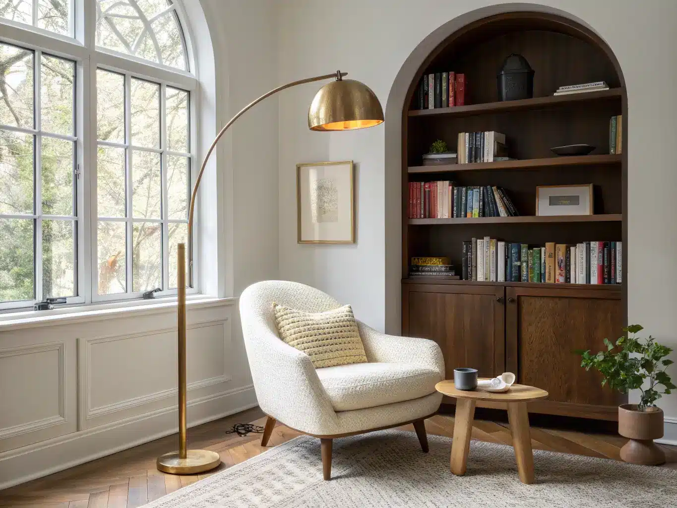 Minimalist home office nook with boucle chair by an arched window, brass floor lamp, walnut stool with mug and glasses, and muted-tone bookshelf wall.