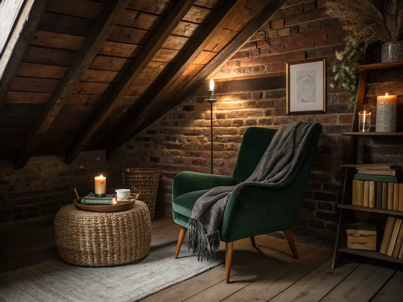 Loft reading nook under exposed beams with a forest-green velvet club chair lit by a brass swing-arm sconce, walnut side table with leather books and candle, and a vintage map in moody chiaroscuro shadows.