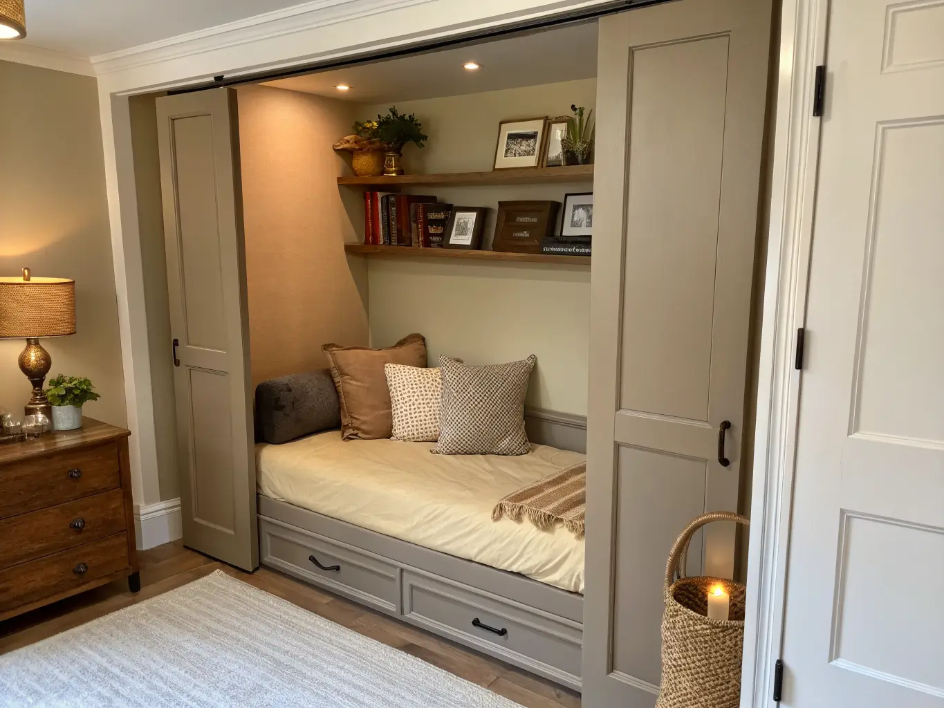 Closet-conversion reading nook with warm taupe walls, slim linen daybed, oak shelf with books and brass lamp, and rattan tray in soft afternoon light.