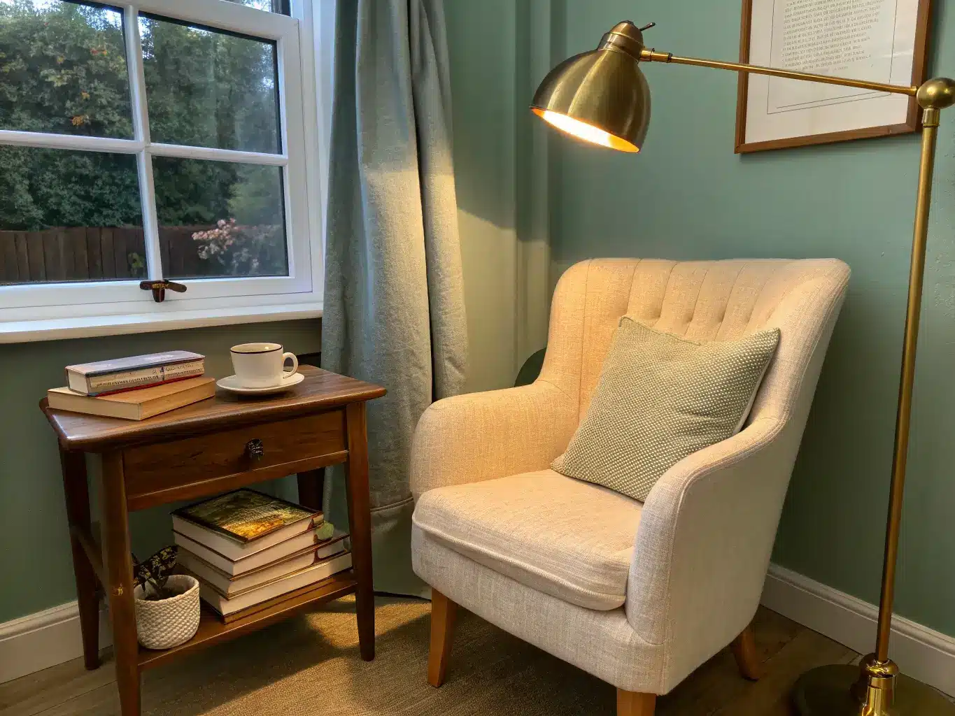 Cozy reading corner by a study desk with a cream boucle armchair, brass floor lamp, oak side table with books and mug, sage green wall, and dusk-lit window with linen curtains.