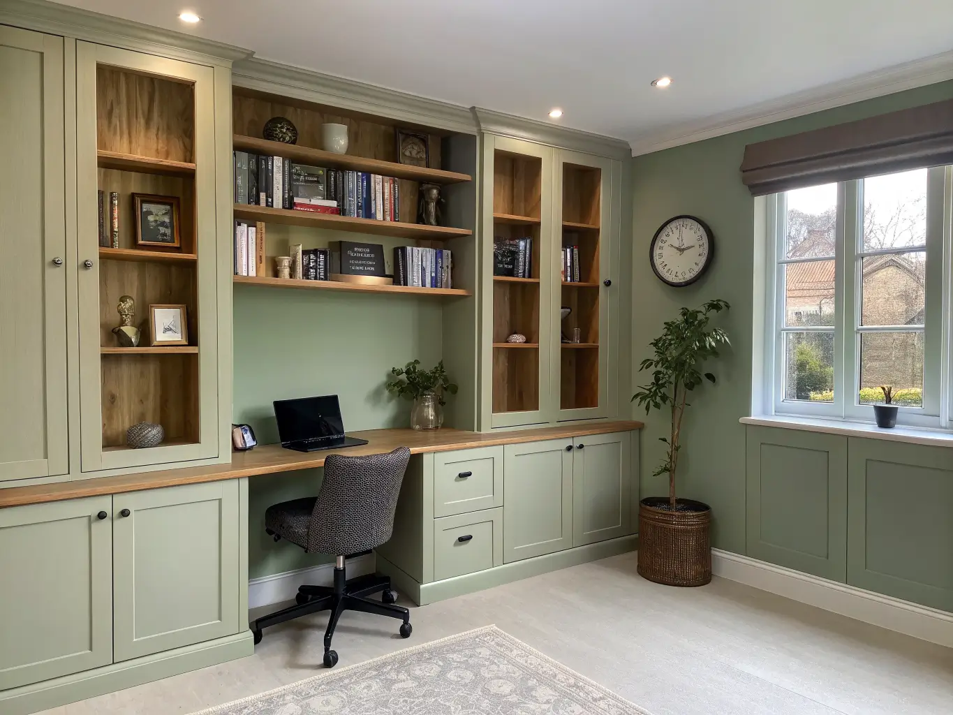 Symmetrical floor-to-ceiling light oak built-in shelves with cream doors and central desk, sage green backing, styled books, brass clock, trailing plant, and charcoal mesh chair in soft morning light.