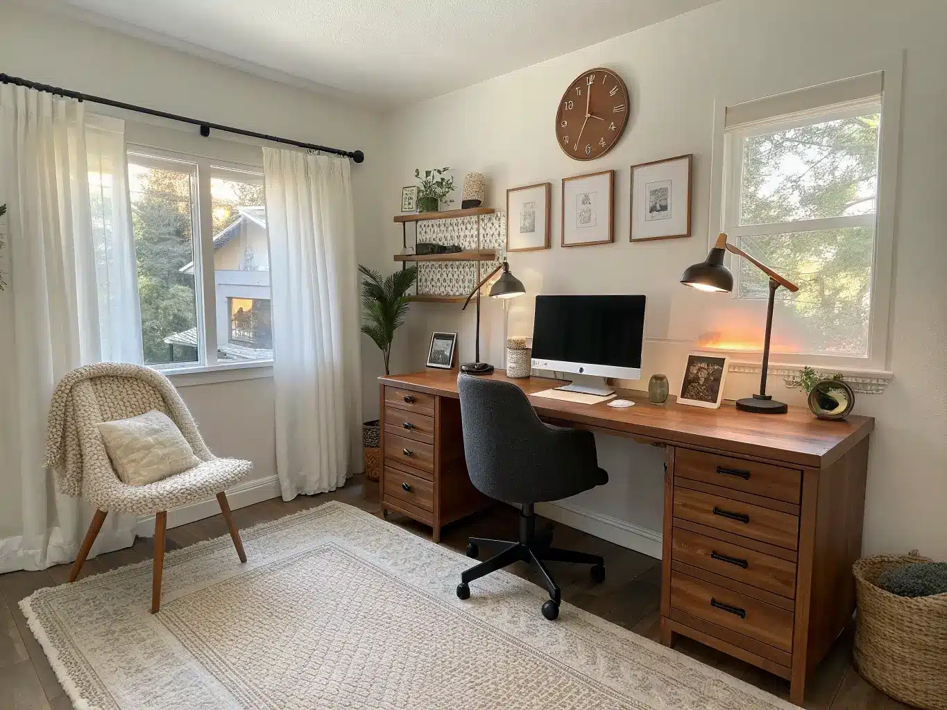 Wide-angle photorealistic spare bedroom home office with back-to-back walnut desks, cream boucle and black mesh chairs, warm lamps, and natural light through a sheer-curtained window.