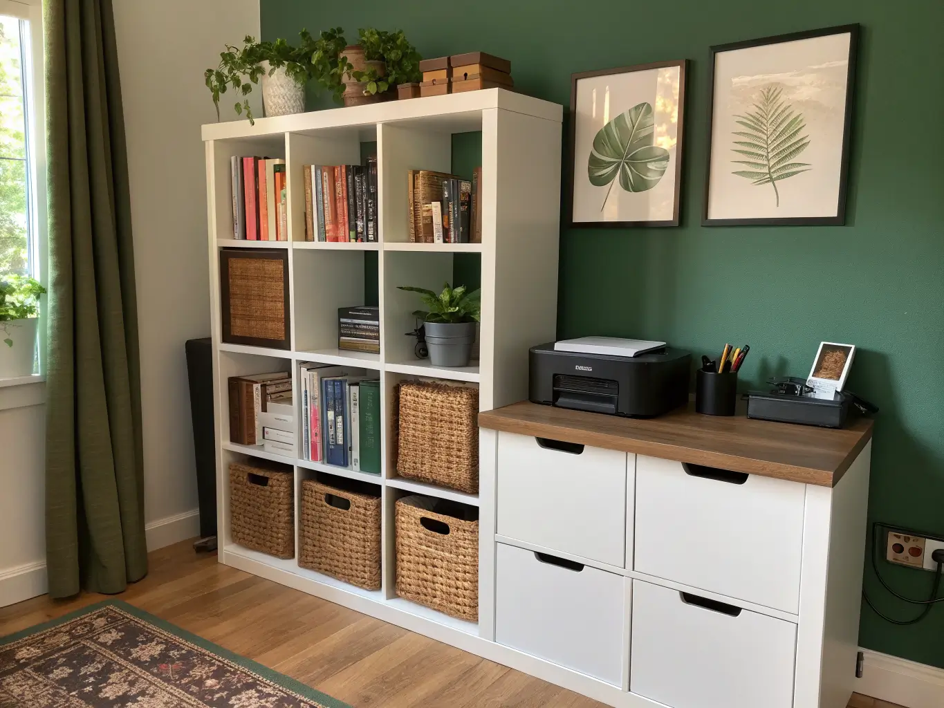 Close-up of an IKEA Kallax shelf divider between two walnut desks, with books and woven bins on one side and files, a printer, and a botanical print on the other in a warm white room with a deep forest green accent wall.