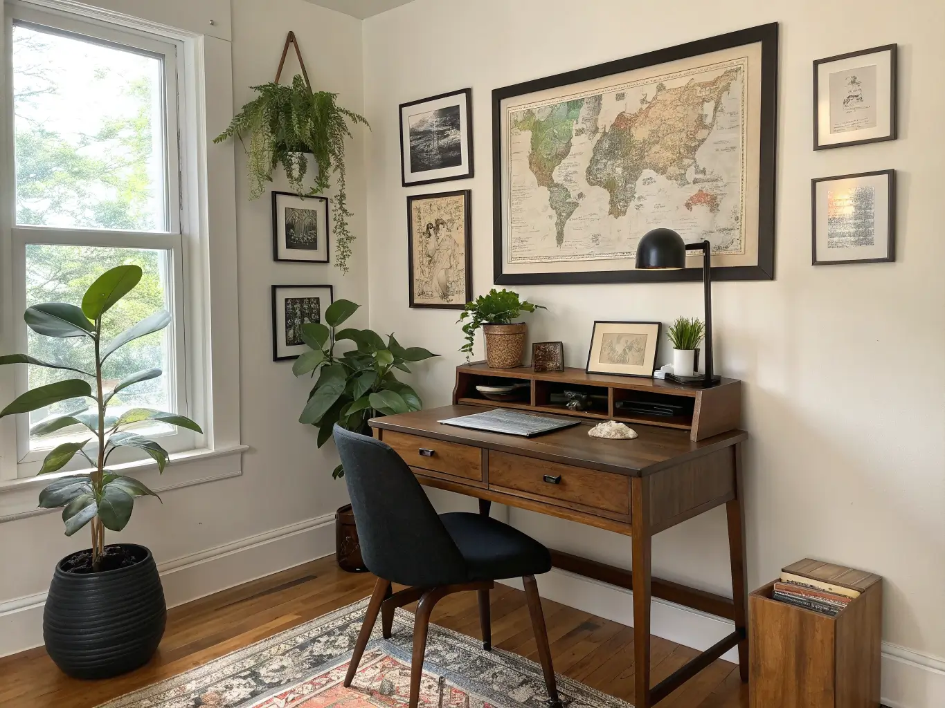 Photorealistic his-and-hers walnut desk setup with vintage map and botanical prints, snake plant and pothos, black desk mat and dusty rose pen tray in warm golden-hour light.