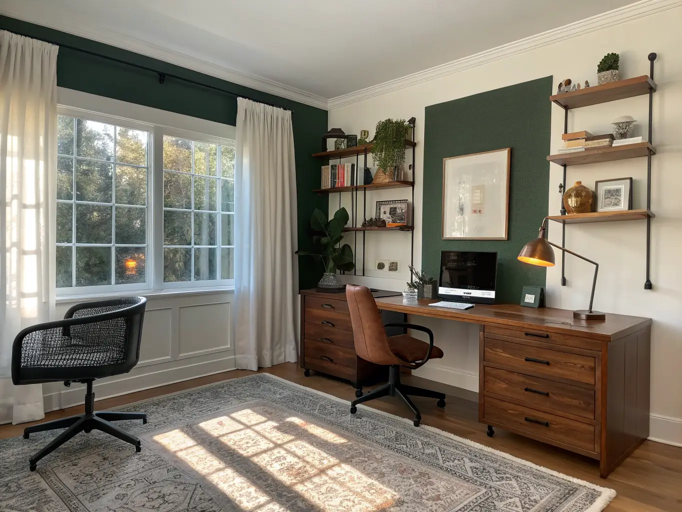 Photorealistic his-and-hers home office with back-to-back walnut desks, sheer curtain privacy track, forest green accent wall, and sunlight over a jute-look rug.